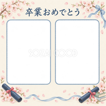 ふたつの思い出の小学校の卒業写真フレーム｜桜と卒業証書・無料イラスト 100790