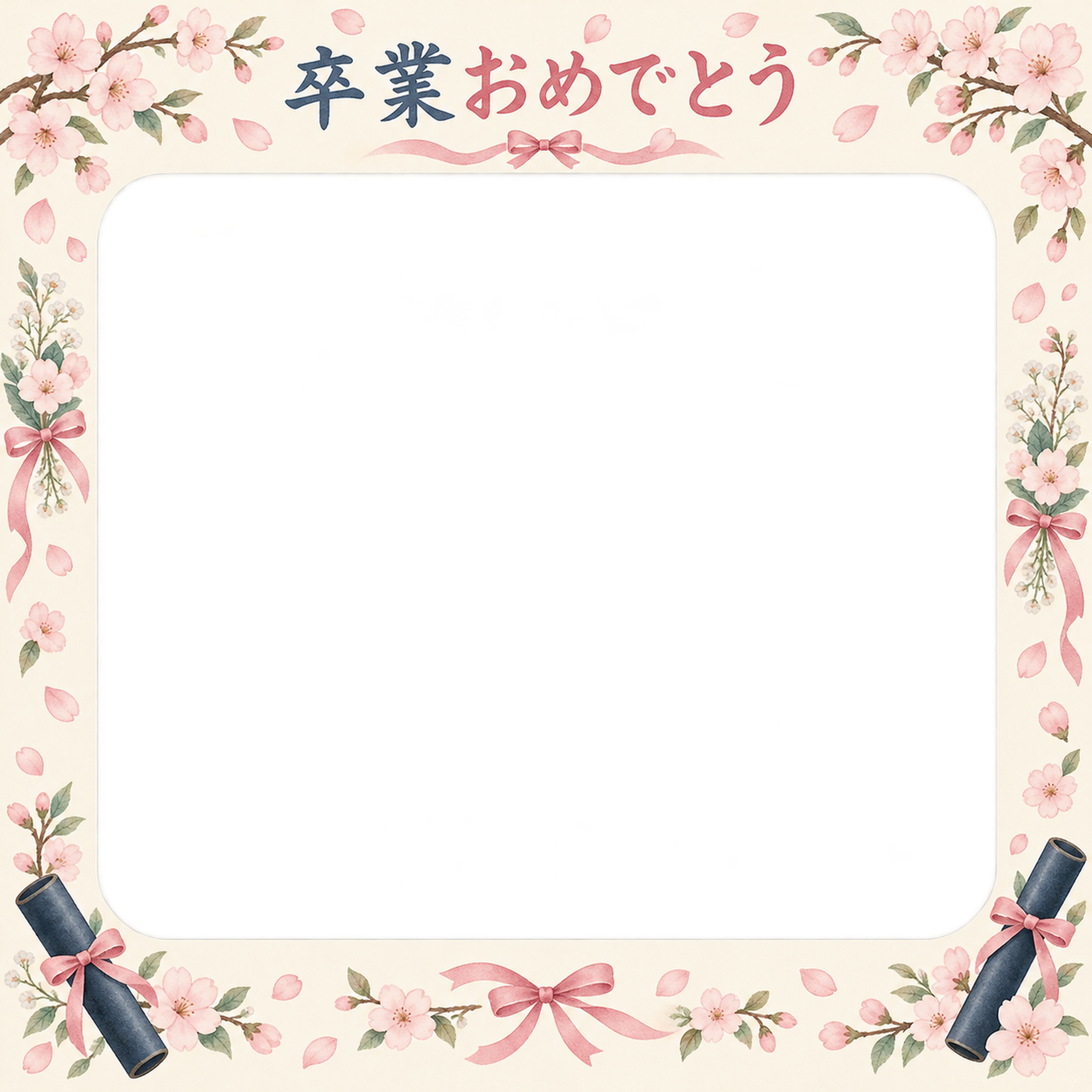 花とお祝い飾りの小学校の卒業写真フレーム｜桜と卒業証書・無料イラスト 100792に写真・文字を入れる