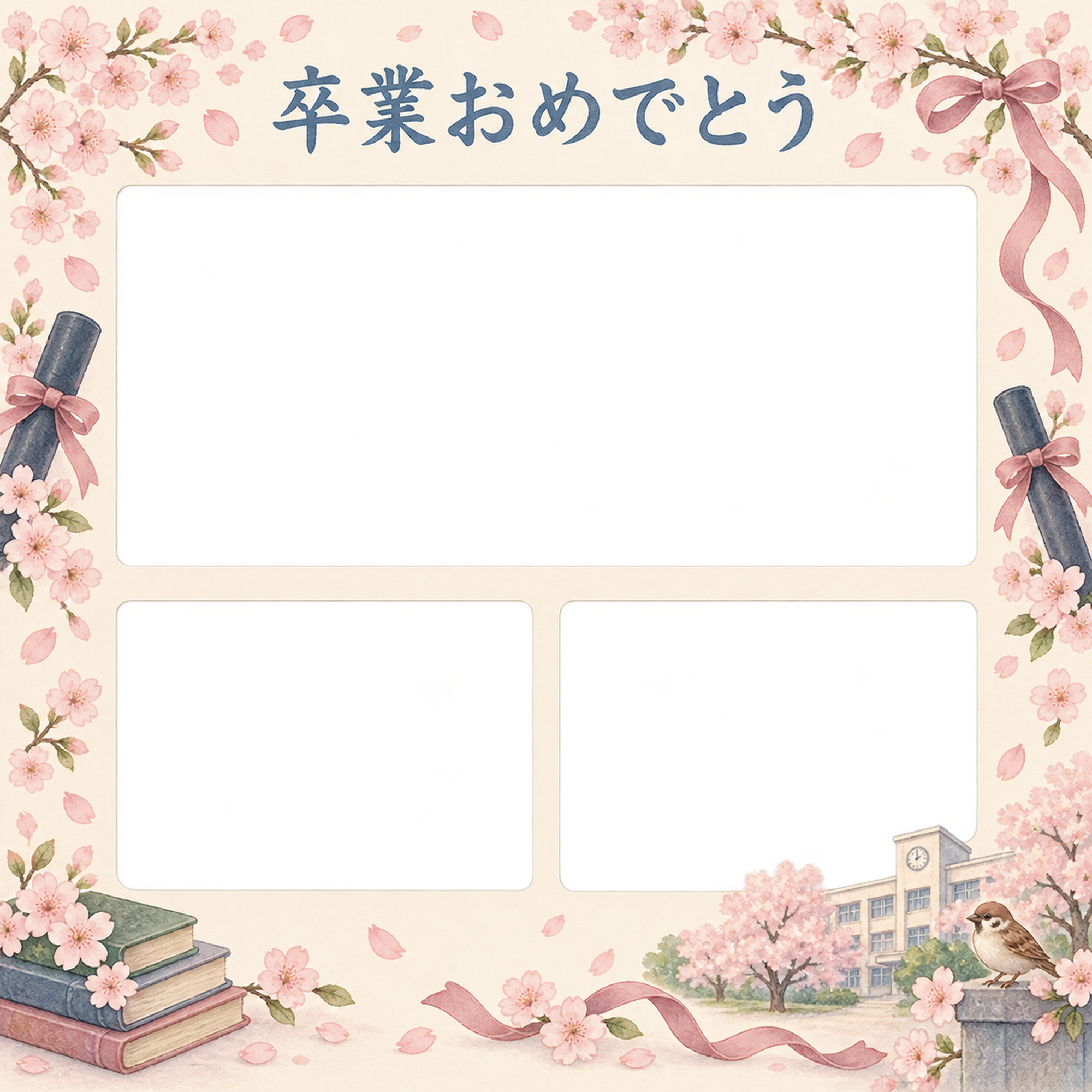 みんなの思い出の小学校の卒業写真フレーム｜桜と卒業証書・無料イラスト 100793に写真・文字を入れる