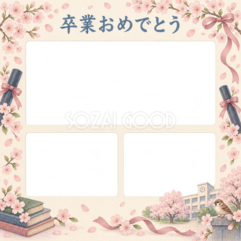 みんなの思い出の小学校の卒業写真フレーム｜桜と卒業証書・無料イラスト 100793
