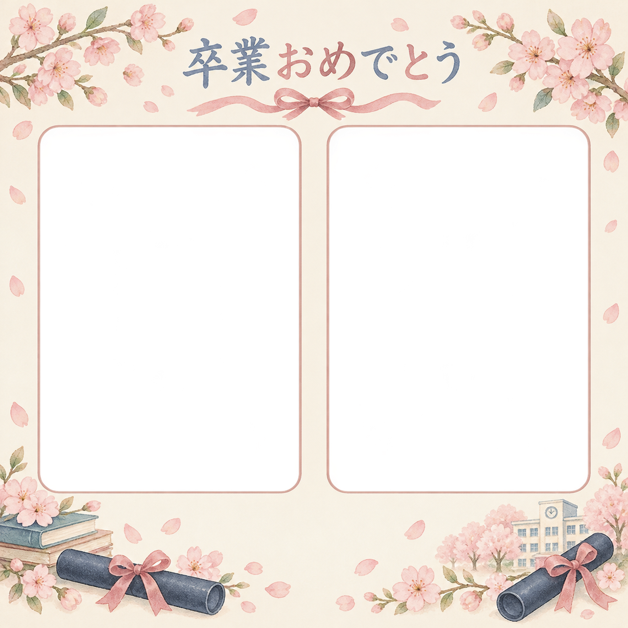 並んだ記念写真の小学校の卒業写真フレーム｜桜と卒業証書・無料イラスト 100796に写真・文字を入れる