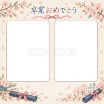 並んだ記念写真の小学校の卒業写真フレーム｜桜と卒業証書・無料イラスト 100796