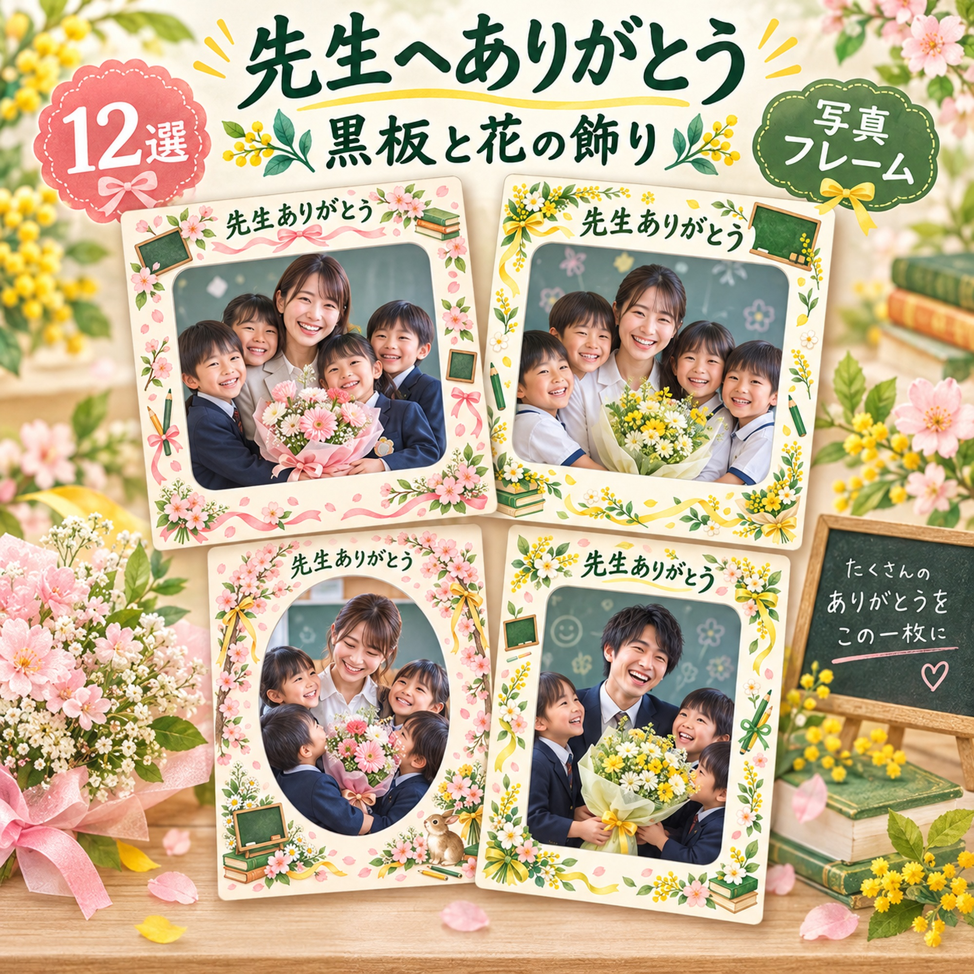 先生へありがとう写真フレーム12選｜黒板と花の飾りの無料イラスト素材 100798に写真・文字を入れる