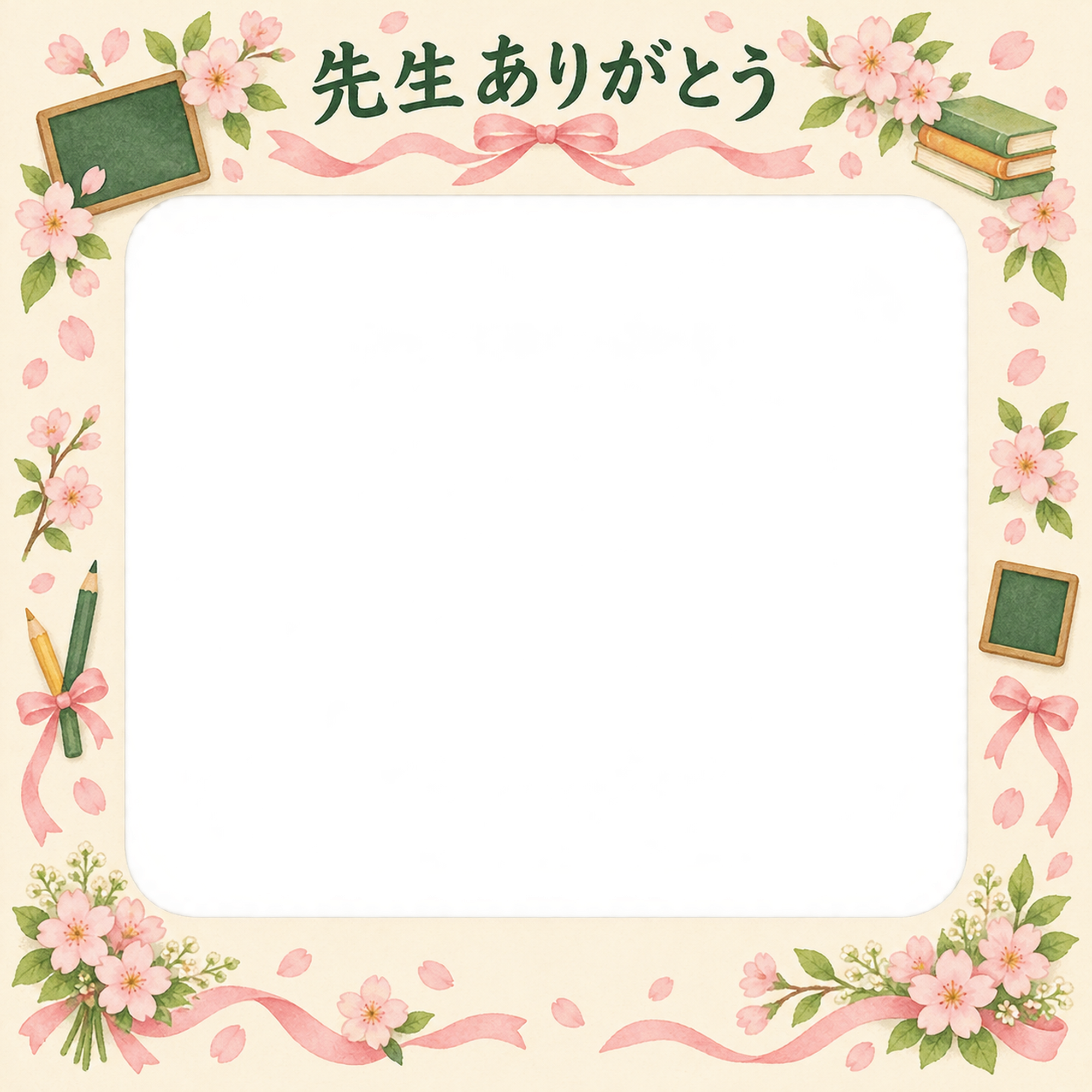 桜とリボンの先生へありがとう写真フレーム｜黒板と花の飾り・無料イラスト 100799に写真・文字を入れる
