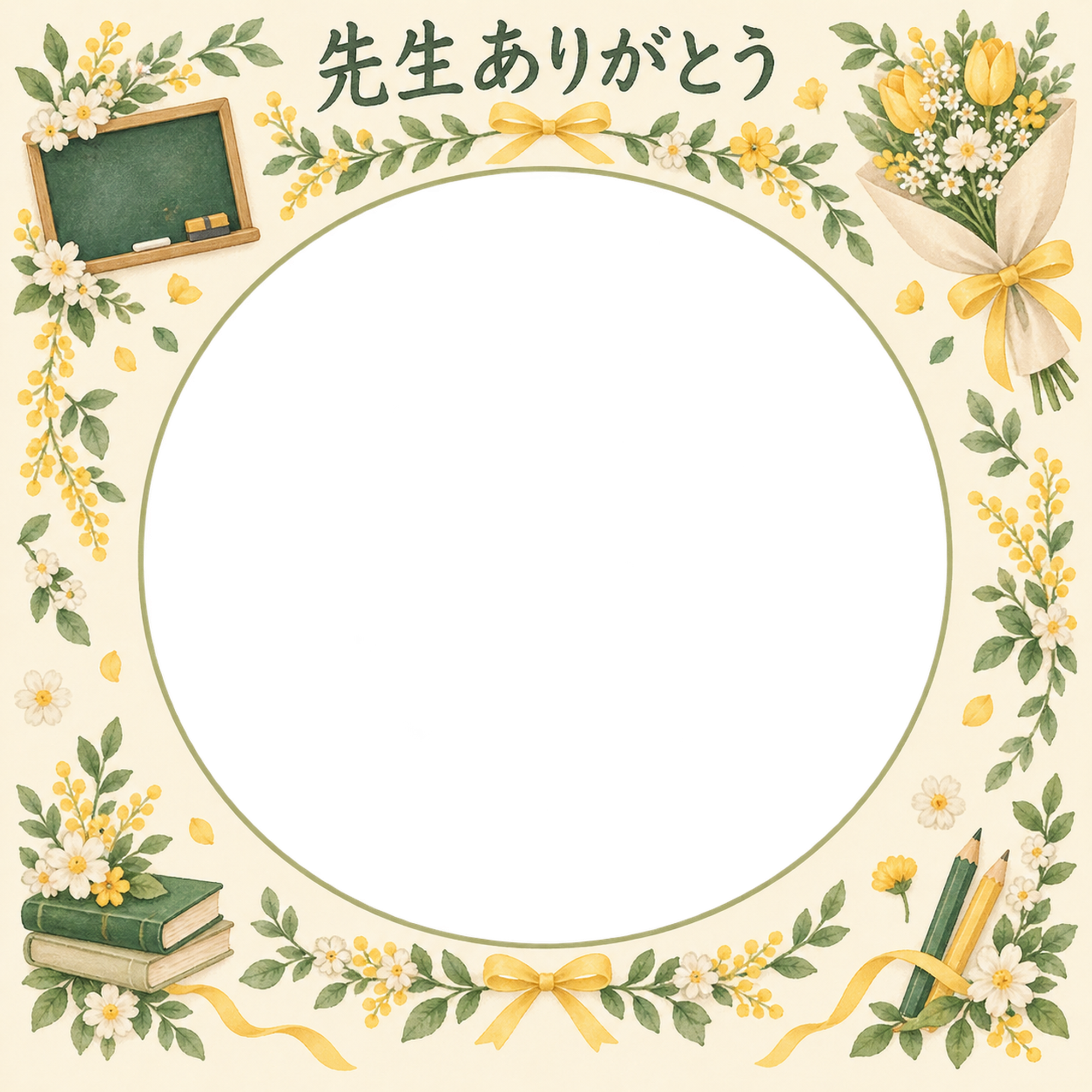 贈る花束の先生へありがとう写真フレーム｜黒板と花の飾り・無料イラスト 100801に写真・文字を入れる