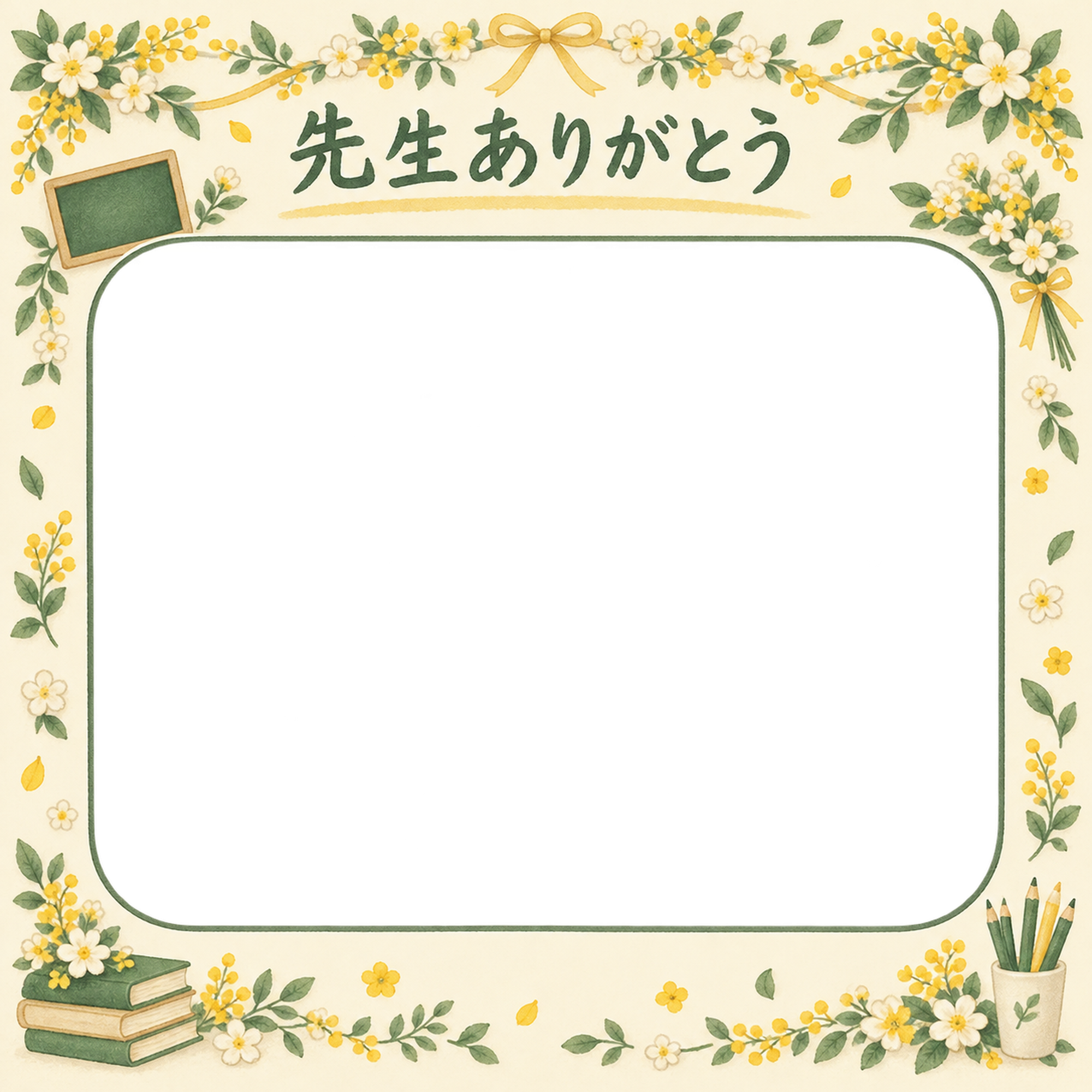 花のガーランドの先生へありがとう写真フレーム｜黒板と花の飾り・無料イラスト 100802に写真・文字を入れる