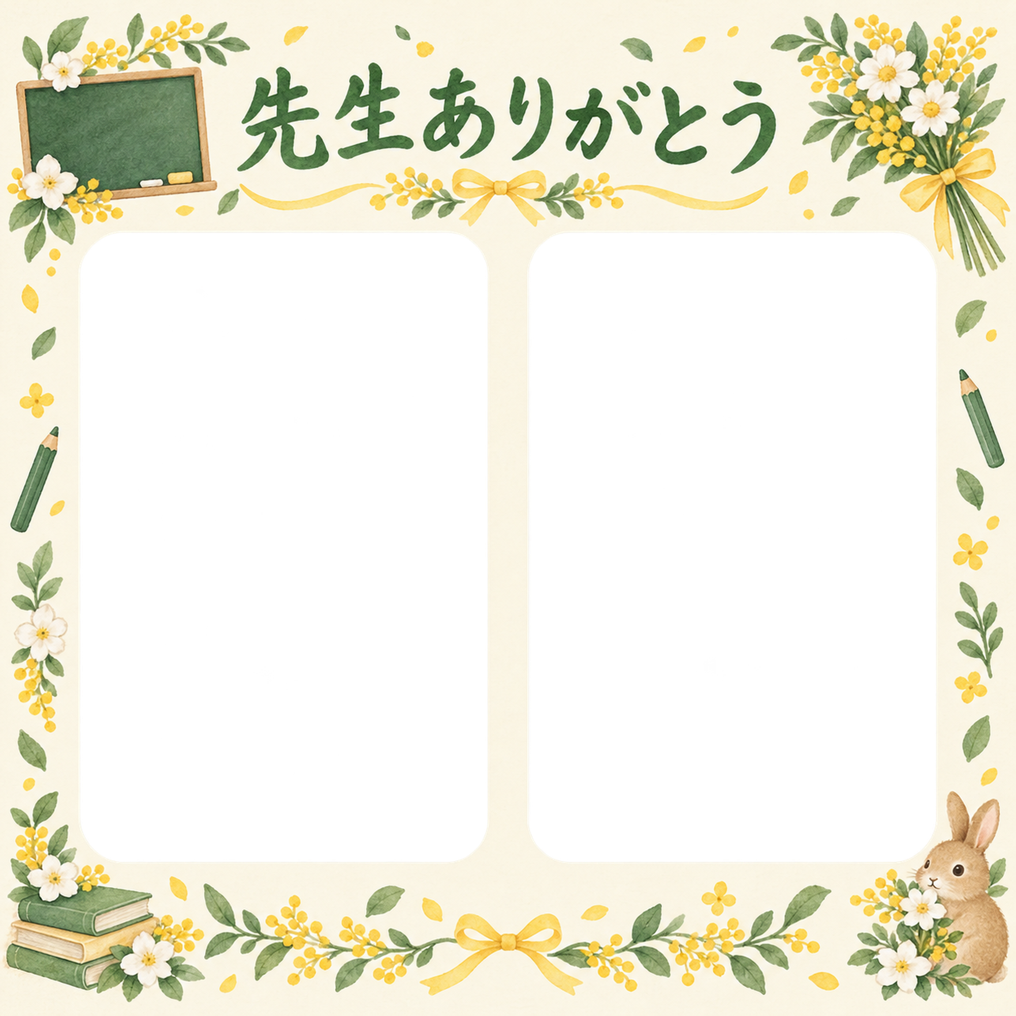 ふたつの思い出の先生へありがとう写真フレーム｜黒板と花の飾り・無料イラスト 100803に写真・文字を入れる