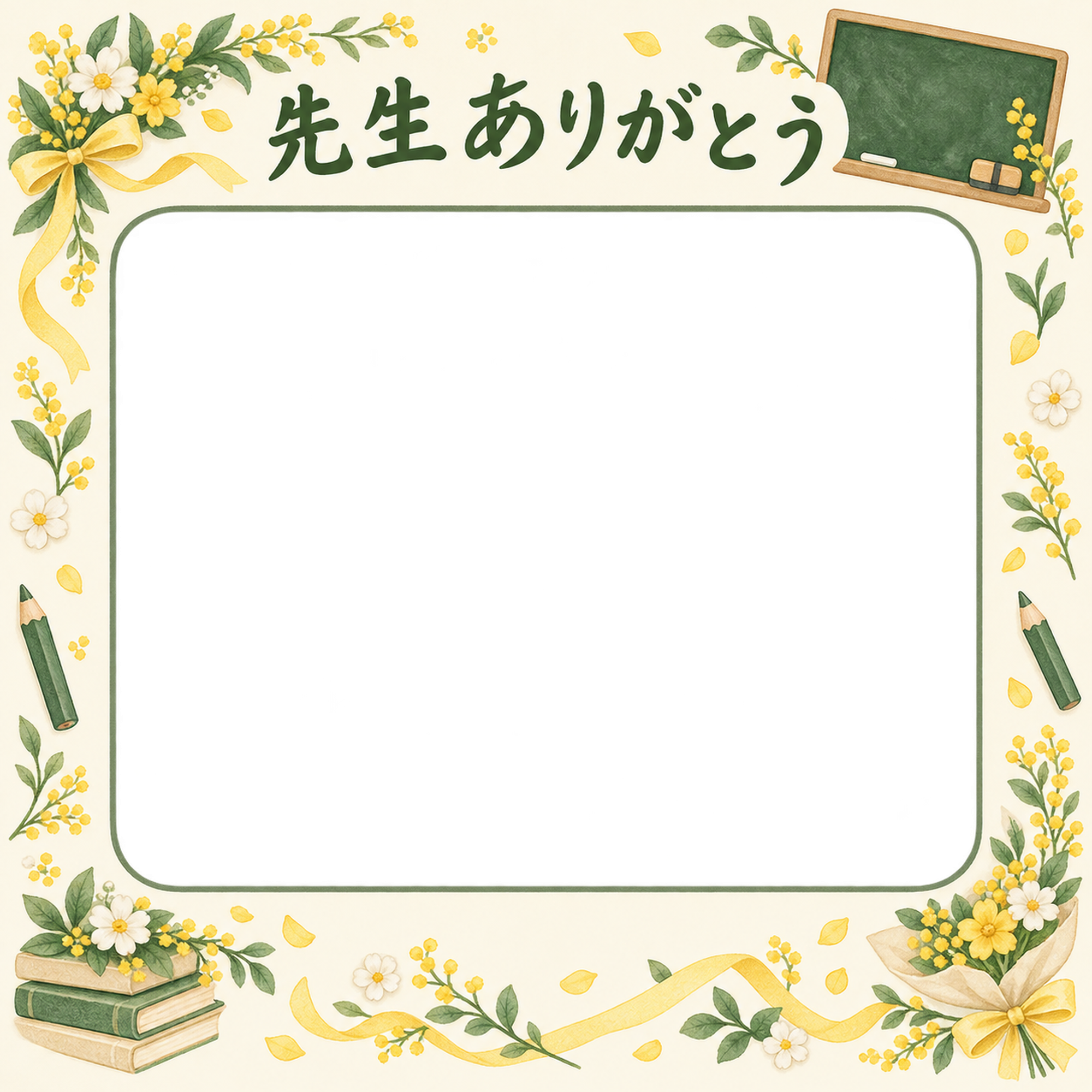 花とお祝い飾りの先生へありがとう写真フレーム｜黒板と花の飾り・無料イラスト 100805に写真・文字を入れる