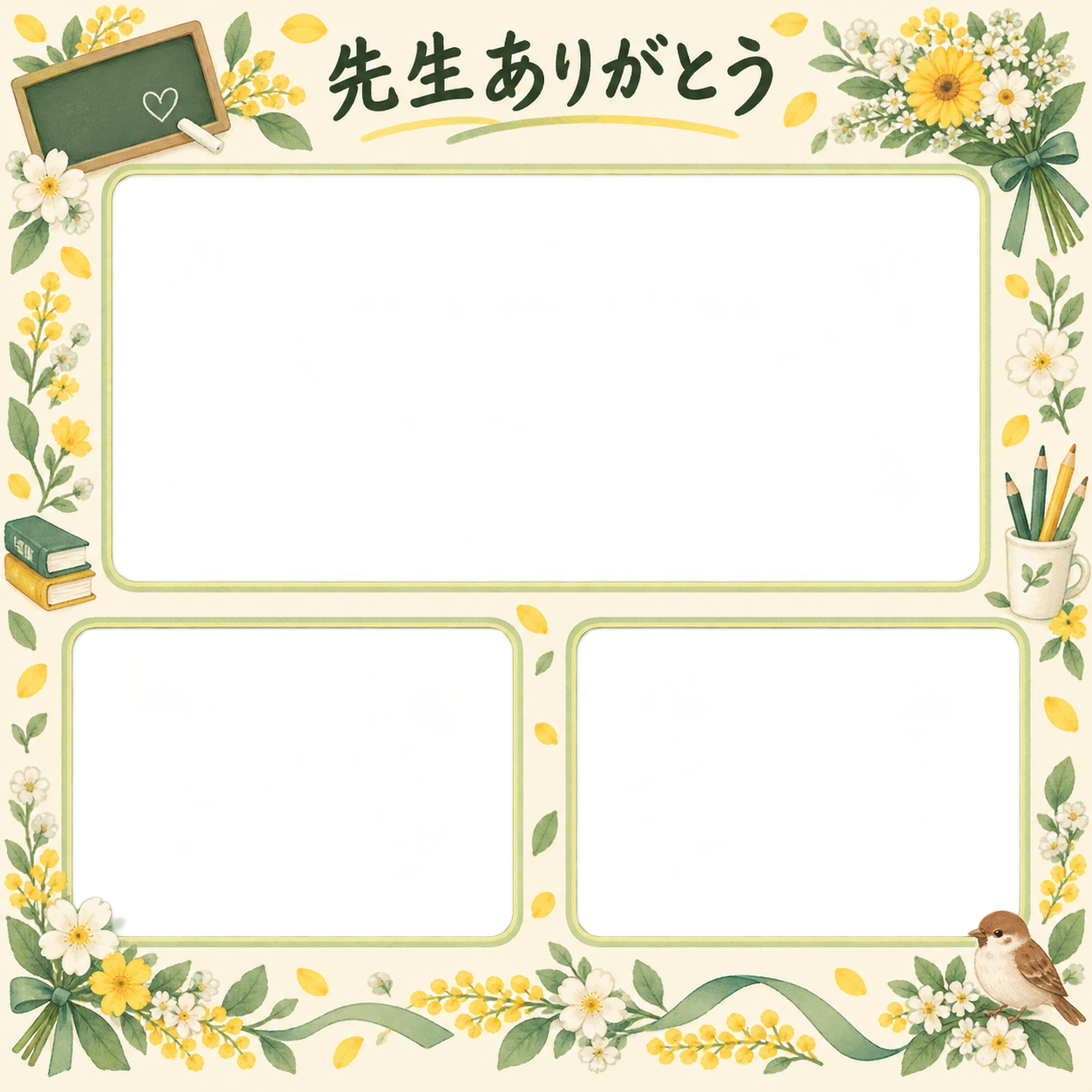 みんなの思い出の先生へありがとう写真フレーム｜黒板と花の飾り・無料イラスト 100806に写真・文字を入れる