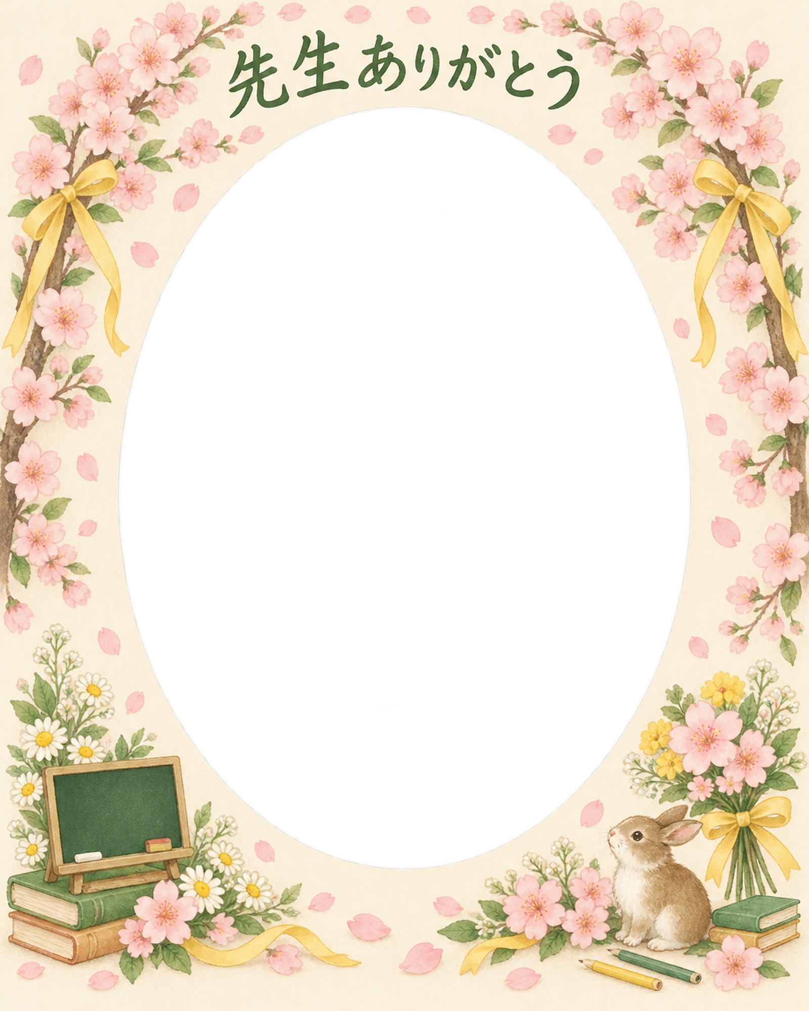 桜のアーチの先生へありがとう写真フレーム｜黒板と花の飾り・無料イラスト 100807に写真・文字を入れる