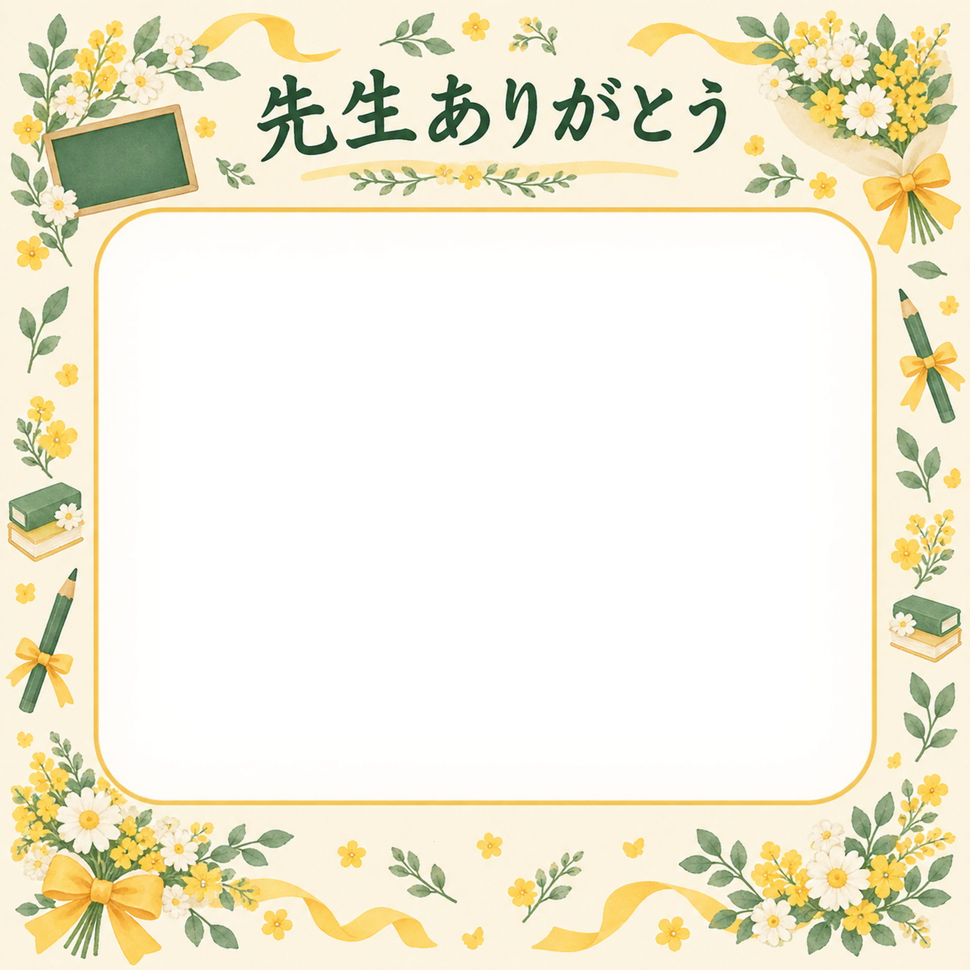 花束とリボンの先生へありがとう写真フレーム｜黒板と花の飾り・無料イラスト 100808に写真・文字を入れる
