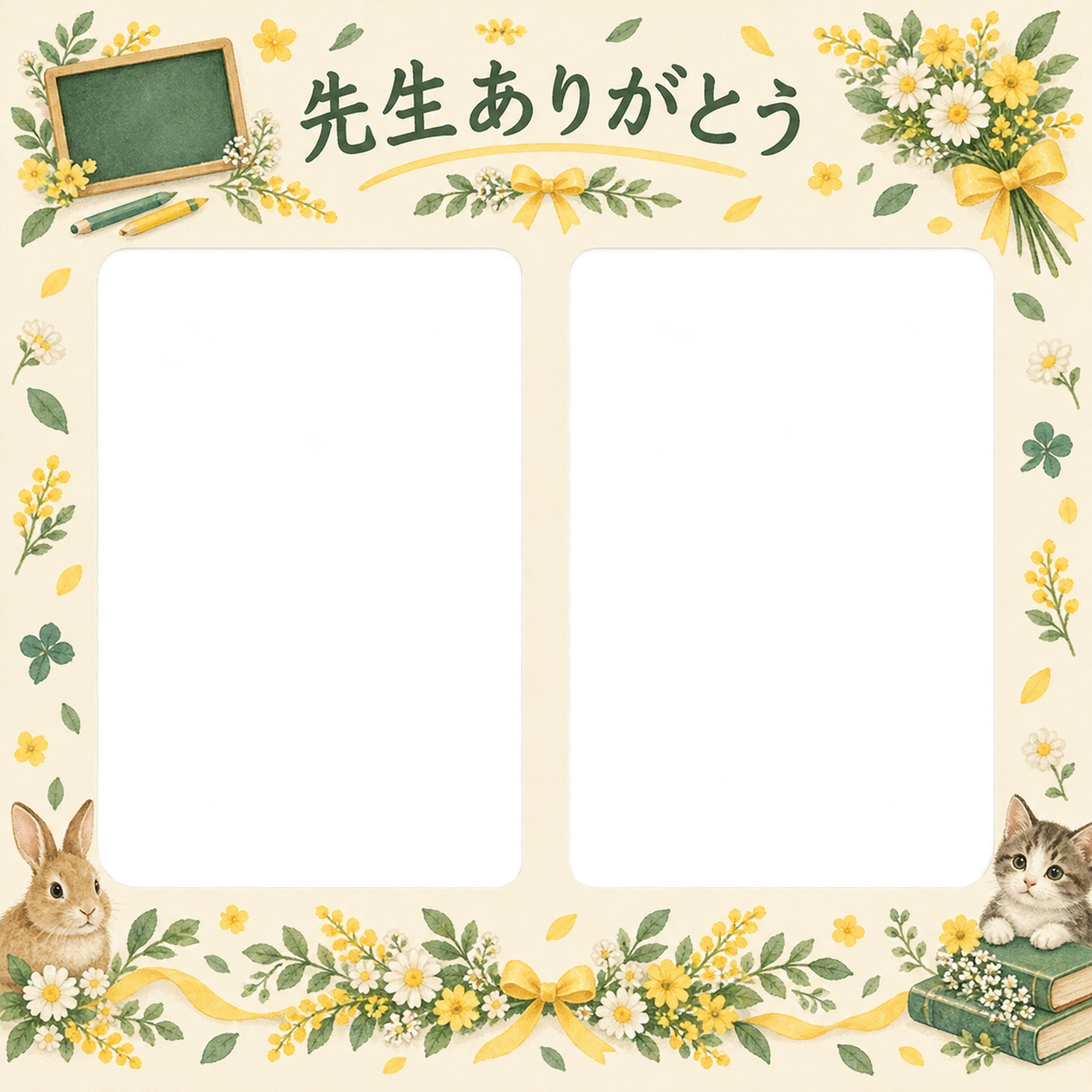 並んだ記念写真の先生へありがとう写真フレーム｜黒板と花の飾り・無料イラスト 100809に写真・文字を入れる