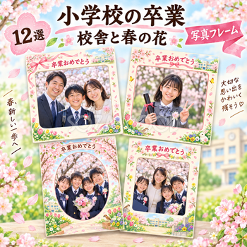 小学校の卒業写真フレーム12選｜校舎と春の花の無料イラスト素材 100811
