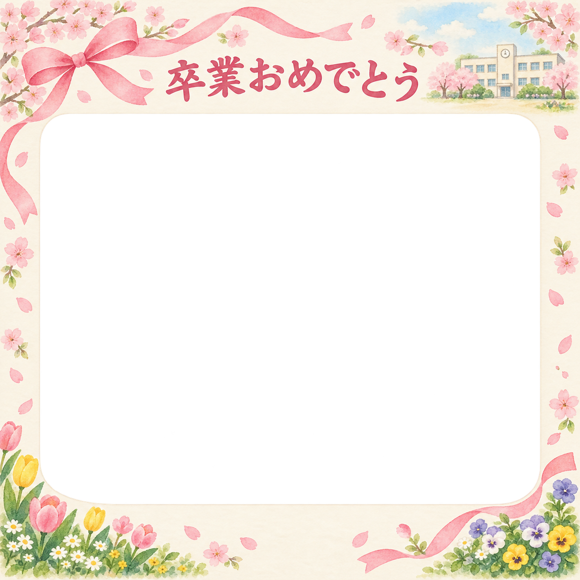 桜とリボンの小学校の卒業写真フレーム｜校舎と春の花・無料イラスト 100812に写真・文字を入れる