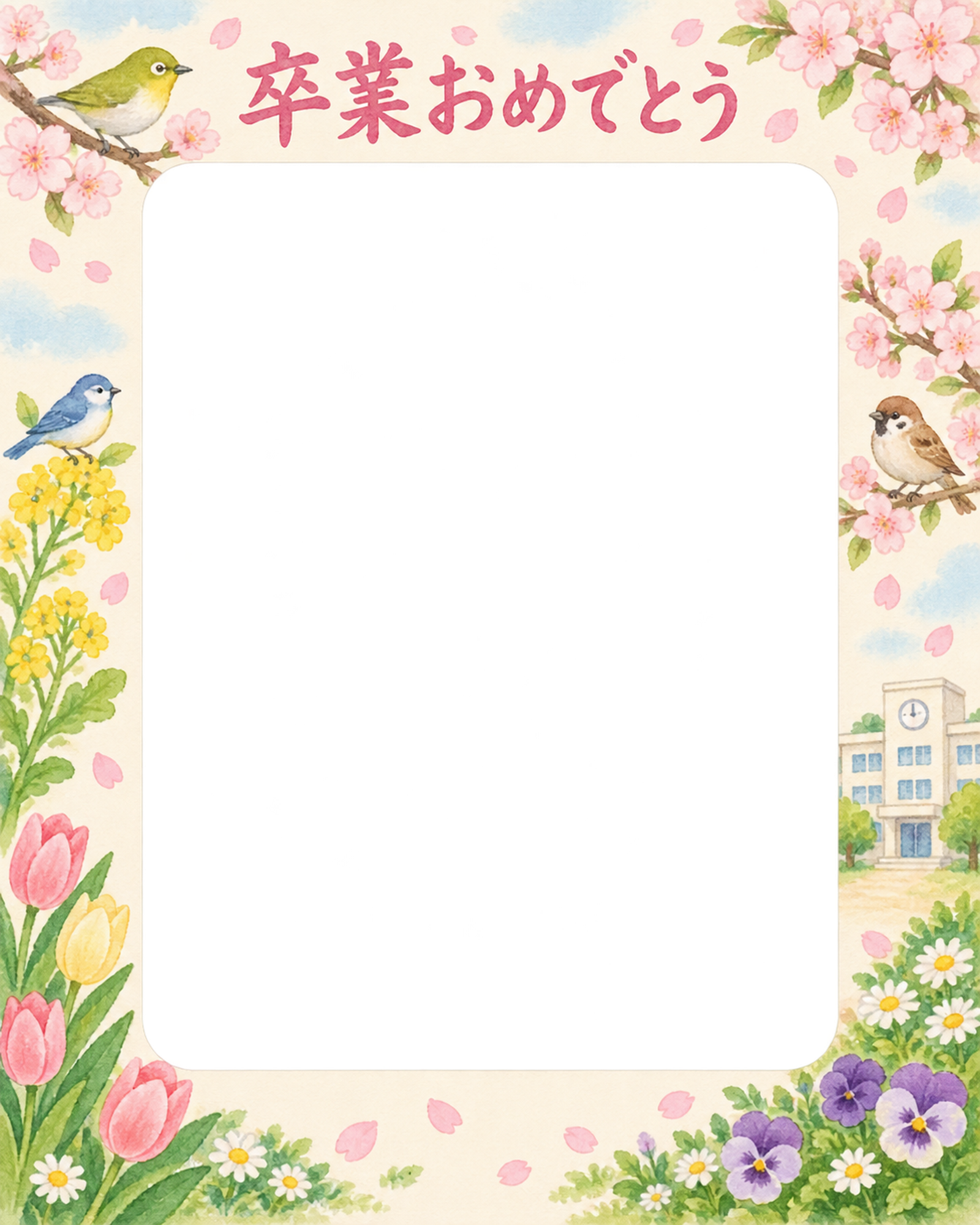 春の花と小鳥の小学校の卒業写真フレーム｜校舎と春の花・無料イラスト 100813に写真・文字を入れる