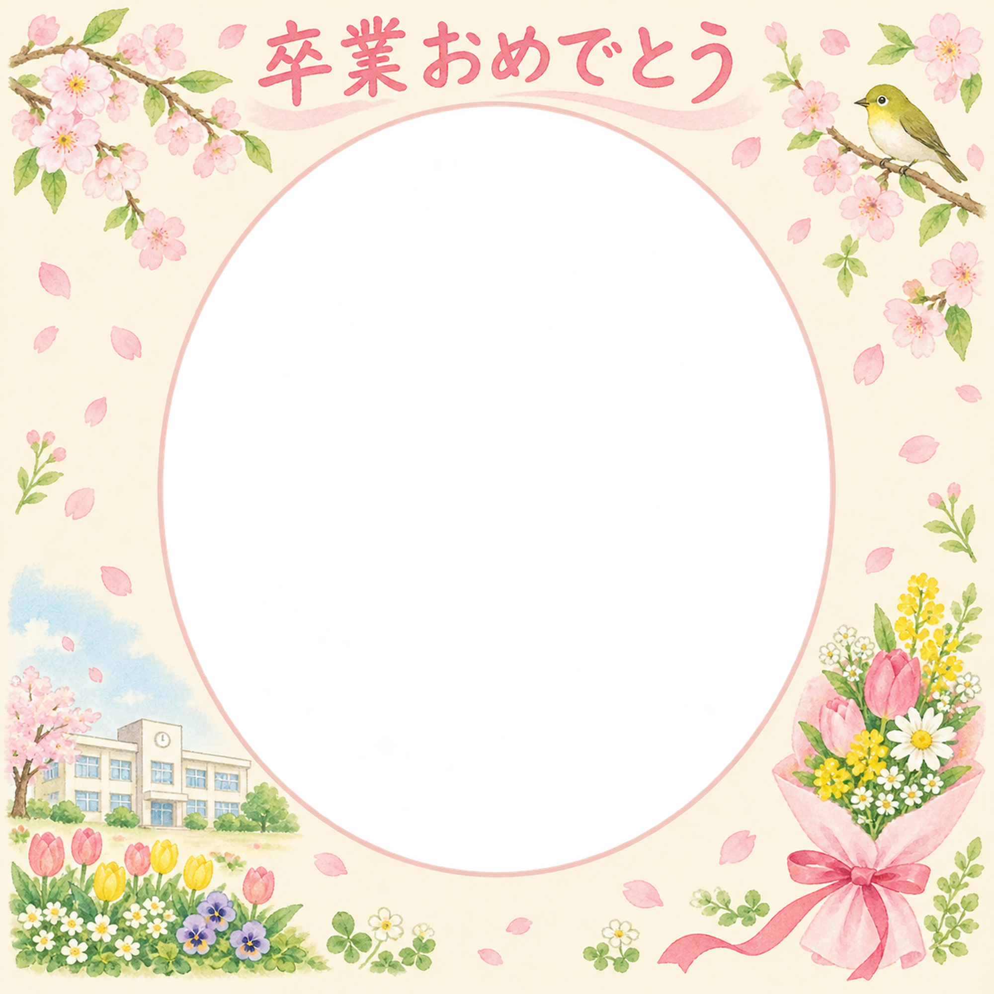贈る花束の小学校の卒業写真フレーム｜校舎と春の花・無料イラスト 100814に写真・文字を入れる
