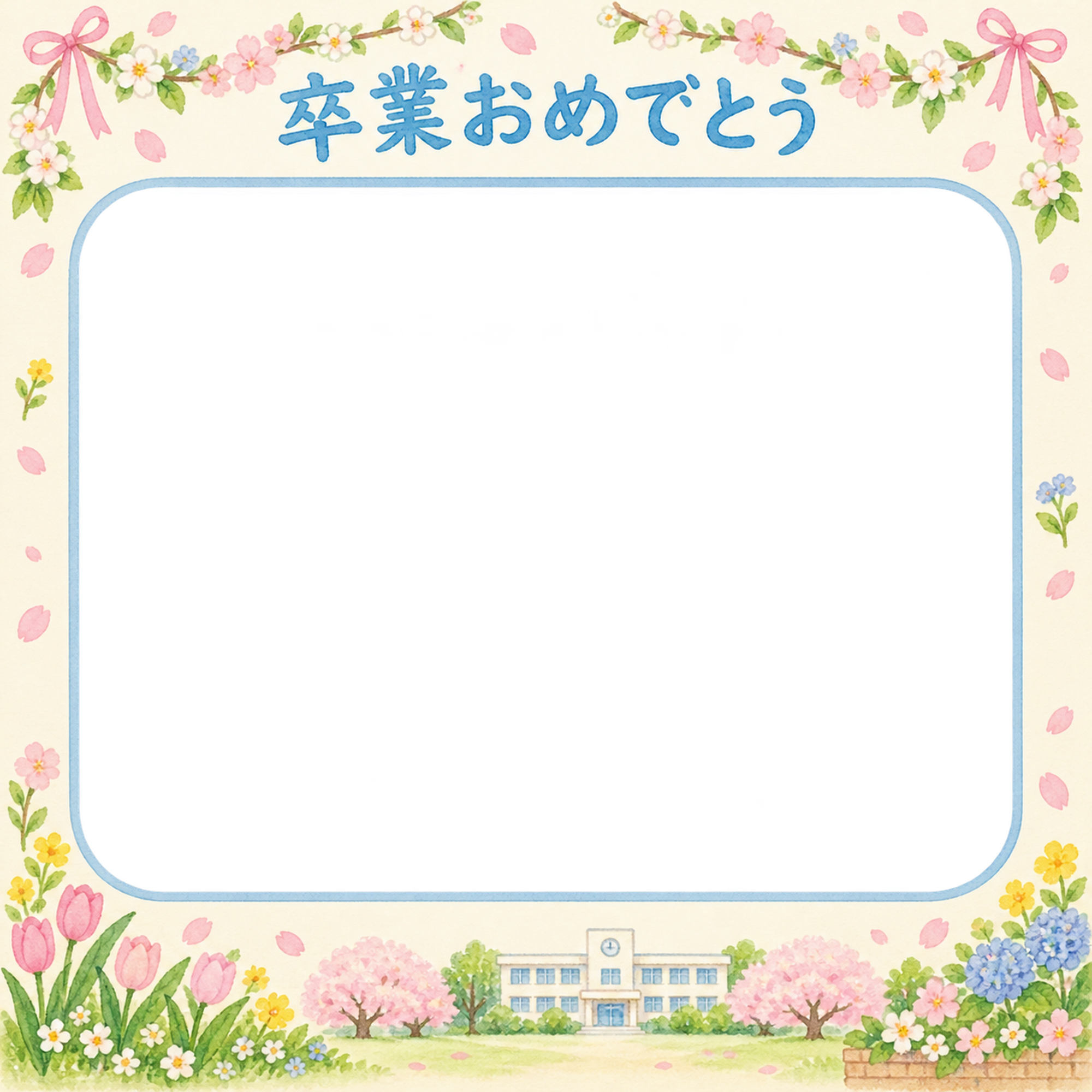 花のガーランドの小学校の卒業写真フレーム｜校舎と春の花・無料イラスト 100815に写真・文字を入れる