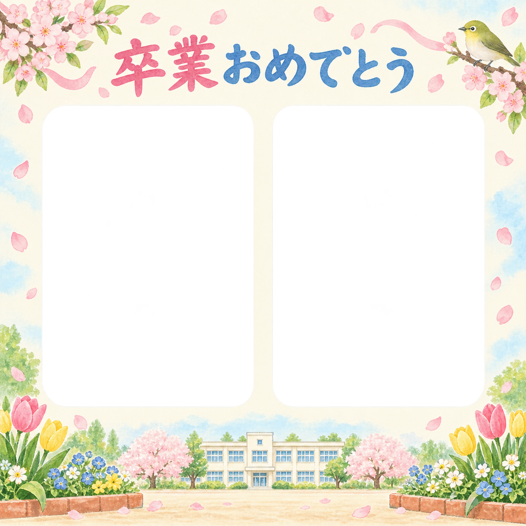 ふたつの思い出の小学校の卒業写真フレーム｜校舎と春の花・無料イラスト 100816に写真・文字を入れる