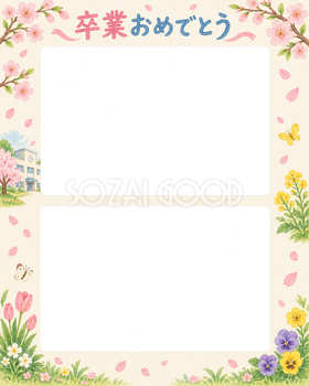縦に並ぶ記念写真の小学校の卒業写真フレーム｜校舎と春の花・無料イラスト 100817