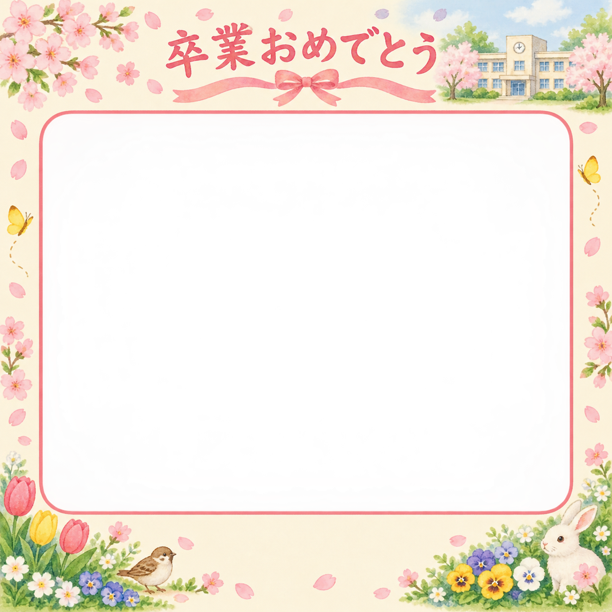 花とお祝い飾りの小学校の卒業写真フレーム｜校舎と春の花・無料イラスト 100818に写真・文字を入れる
