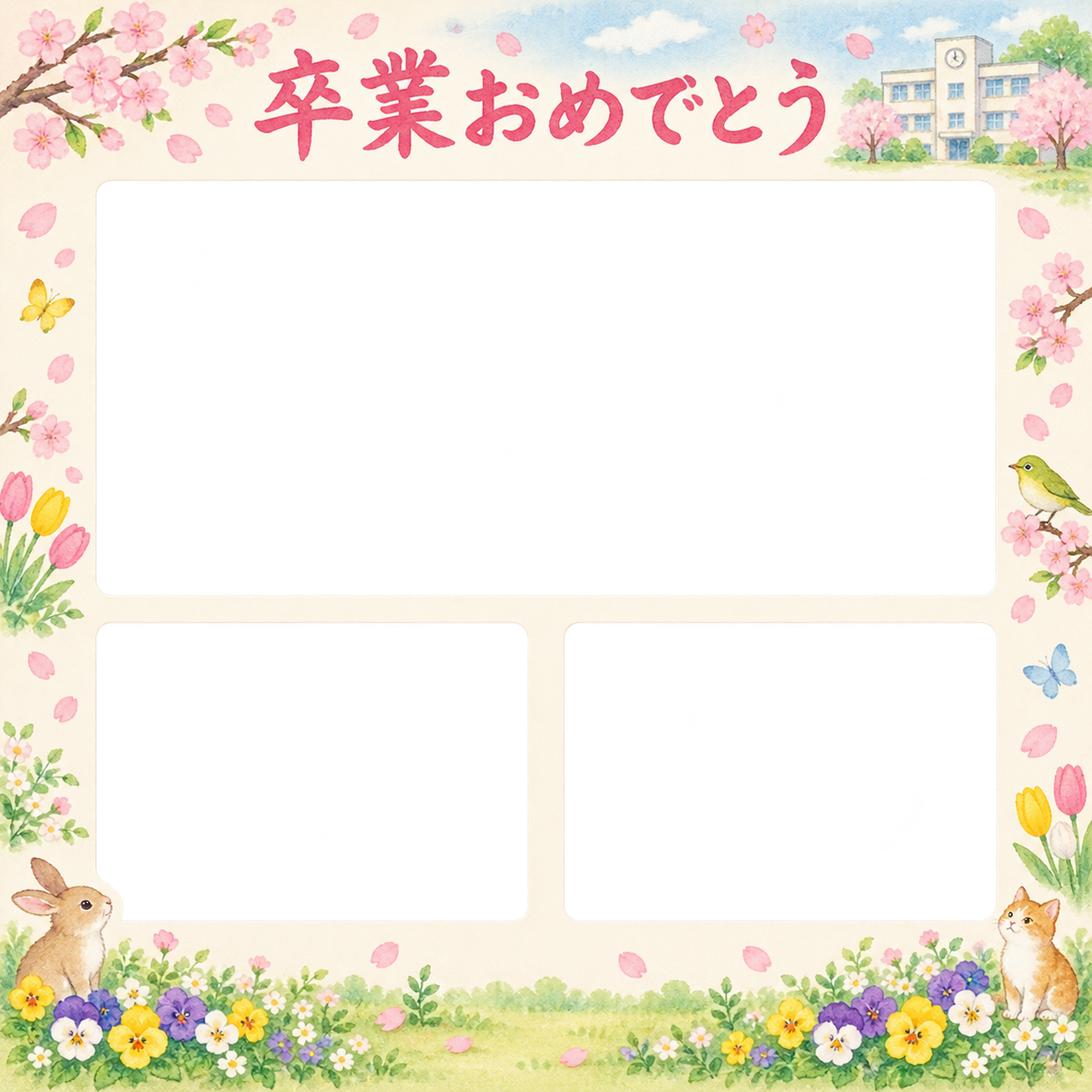 みんなの思い出の小学校の卒業写真フレーム｜校舎と春の花・無料イラスト 100819に写真・文字を入れる