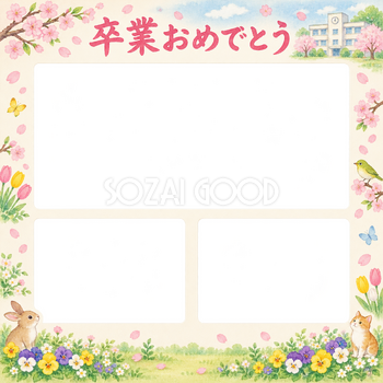 みんなの思い出の小学校の卒業写真フレーム｜校舎と春の花・無料イラスト 100819
