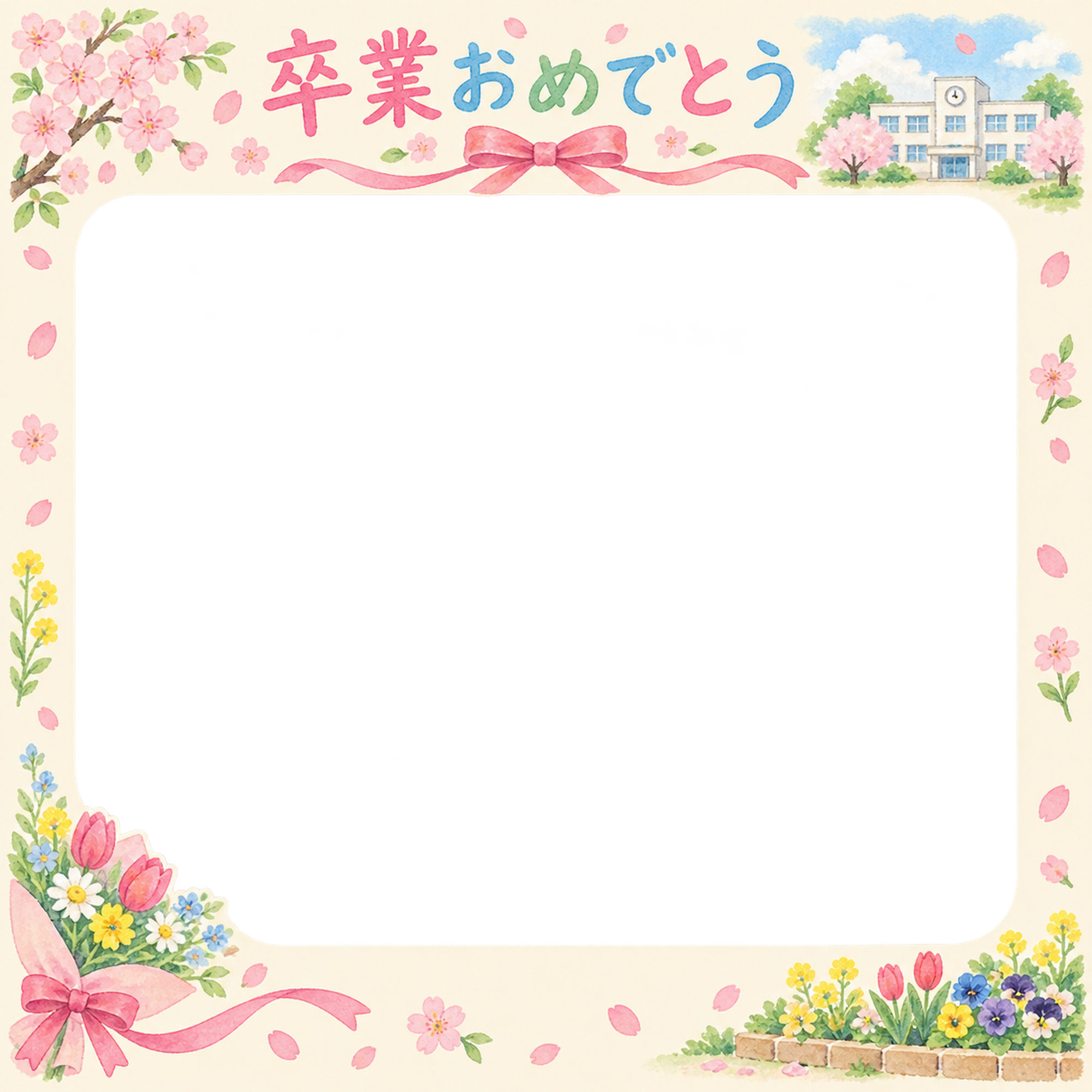 花束とリボンの小学校の卒業写真フレーム｜校舎と春の花・無料イラスト 100821に写真・文字を入れる