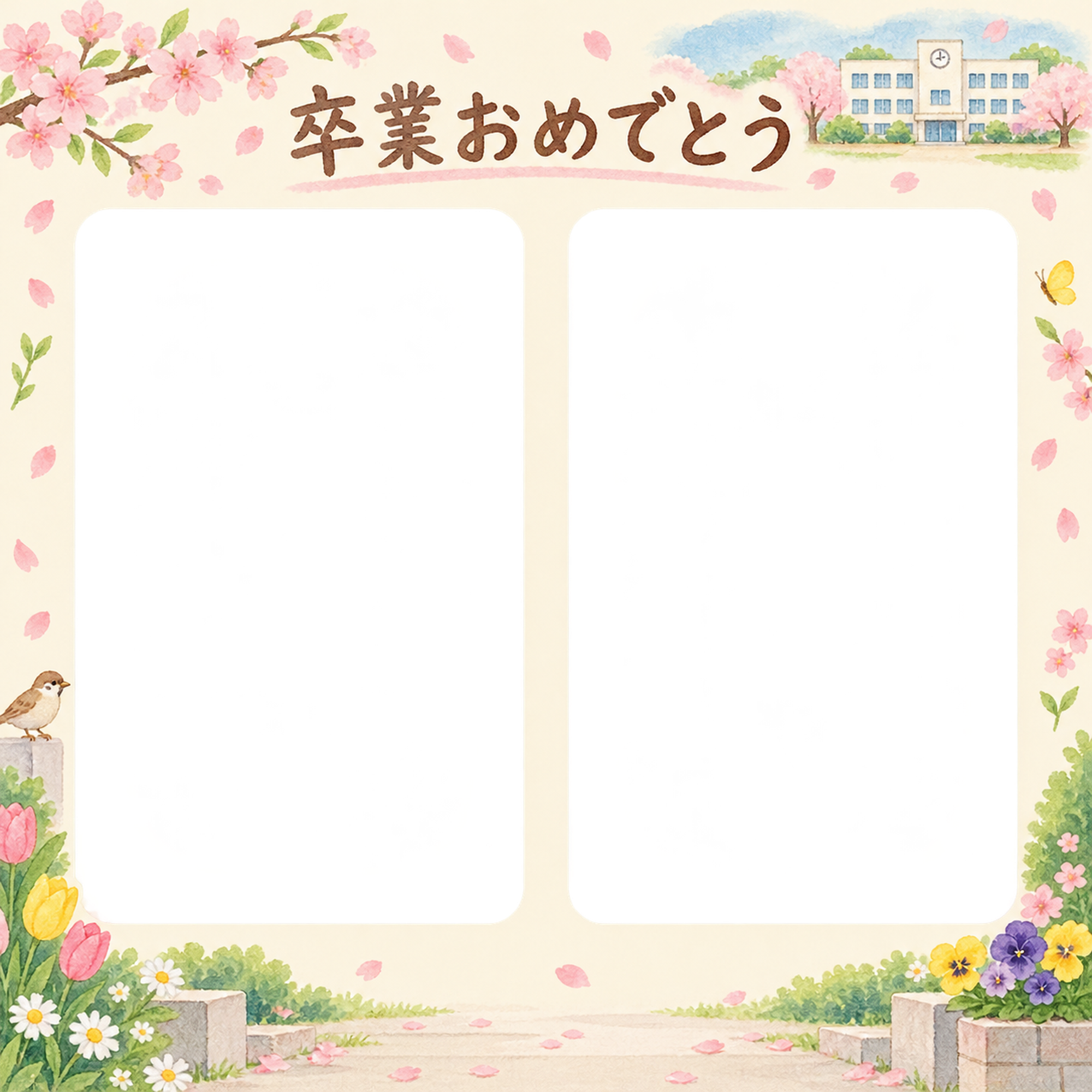 並んだ記念写真の小学校の卒業写真フレーム｜校舎と春の花・無料イラスト 100822に写真・文字を入れる