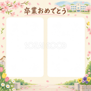 並んだ記念写真の小学校の卒業写真フレーム｜校舎と春の花・無料イラスト 100822