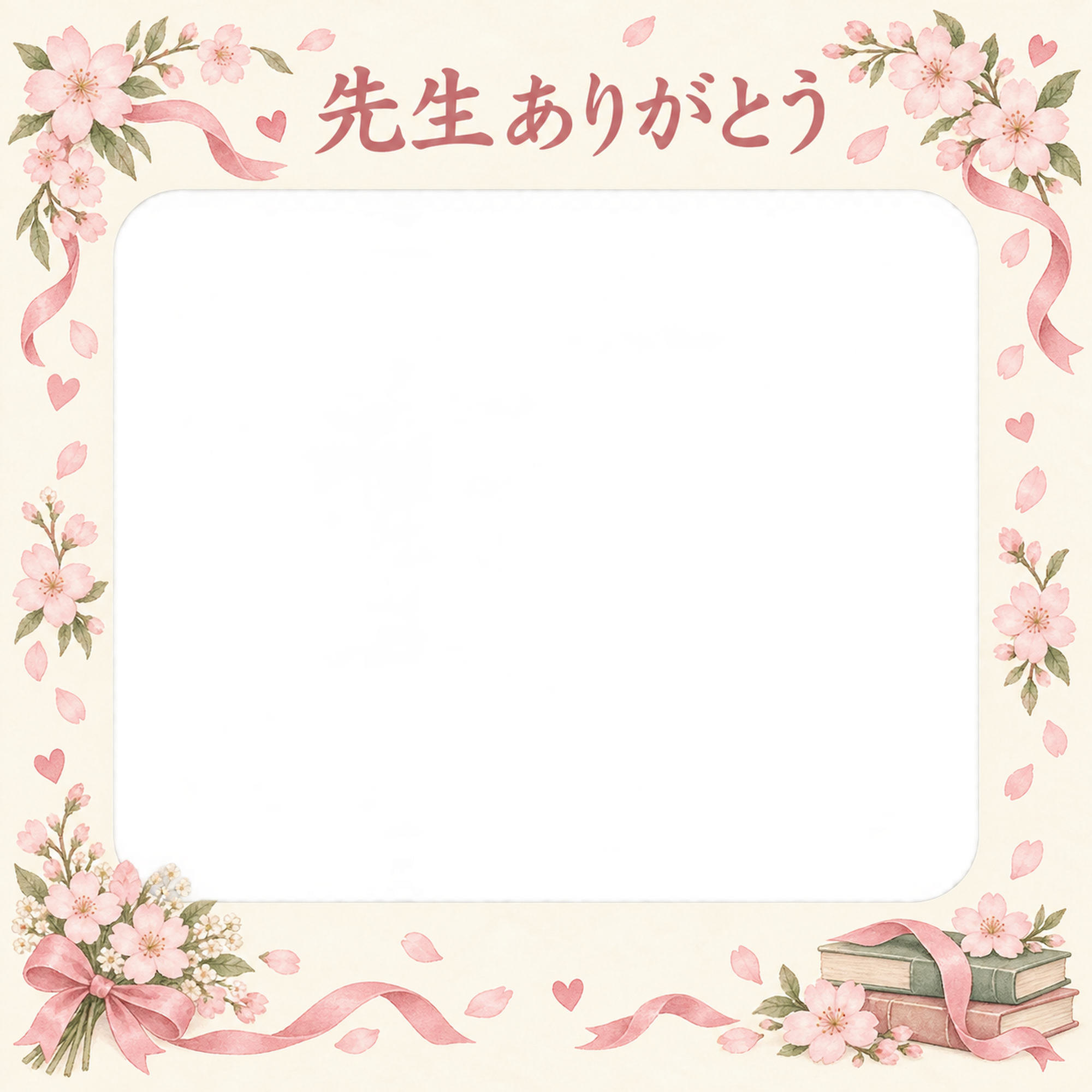 桜とリボンの先生へありがとう写真フレーム｜花束とリボン・無料イラスト 100825に写真・文字を入れる