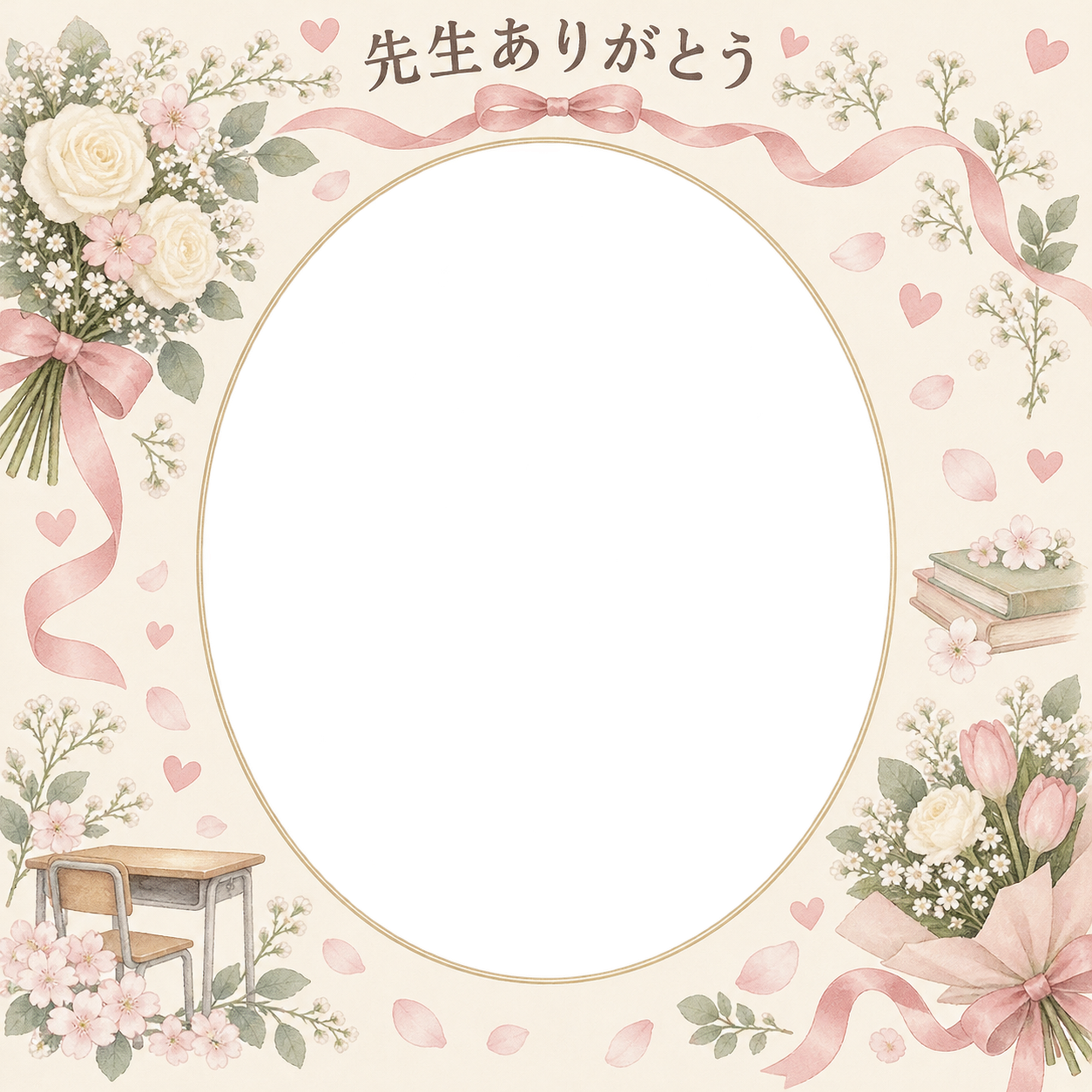 贈る花束の先生へありがとう写真フレーム｜花束とリボン・無料イラスト 100827に写真・文字を入れる