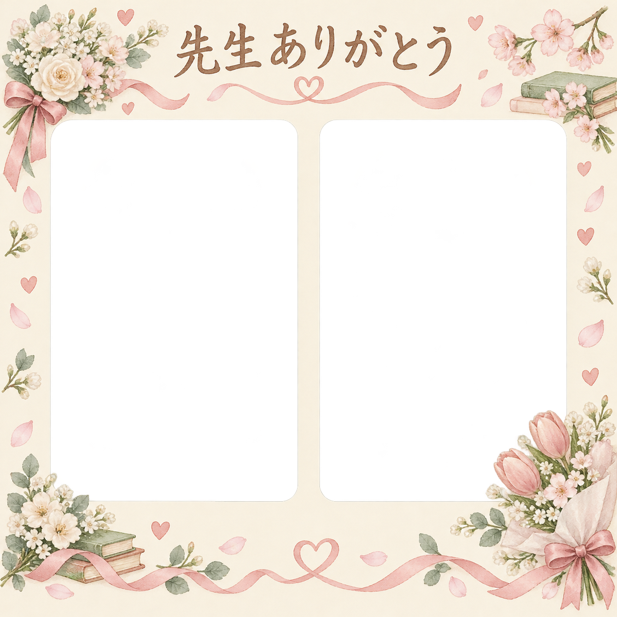 ふたつの思い出の先生へありがとう写真フレーム｜花束とリボン・無料イラスト 100829に写真・文字を入れる