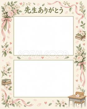 縦に並ぶ記念写真の先生へありがとう写真フレーム｜花束とリボン・無料イラスト 100830
