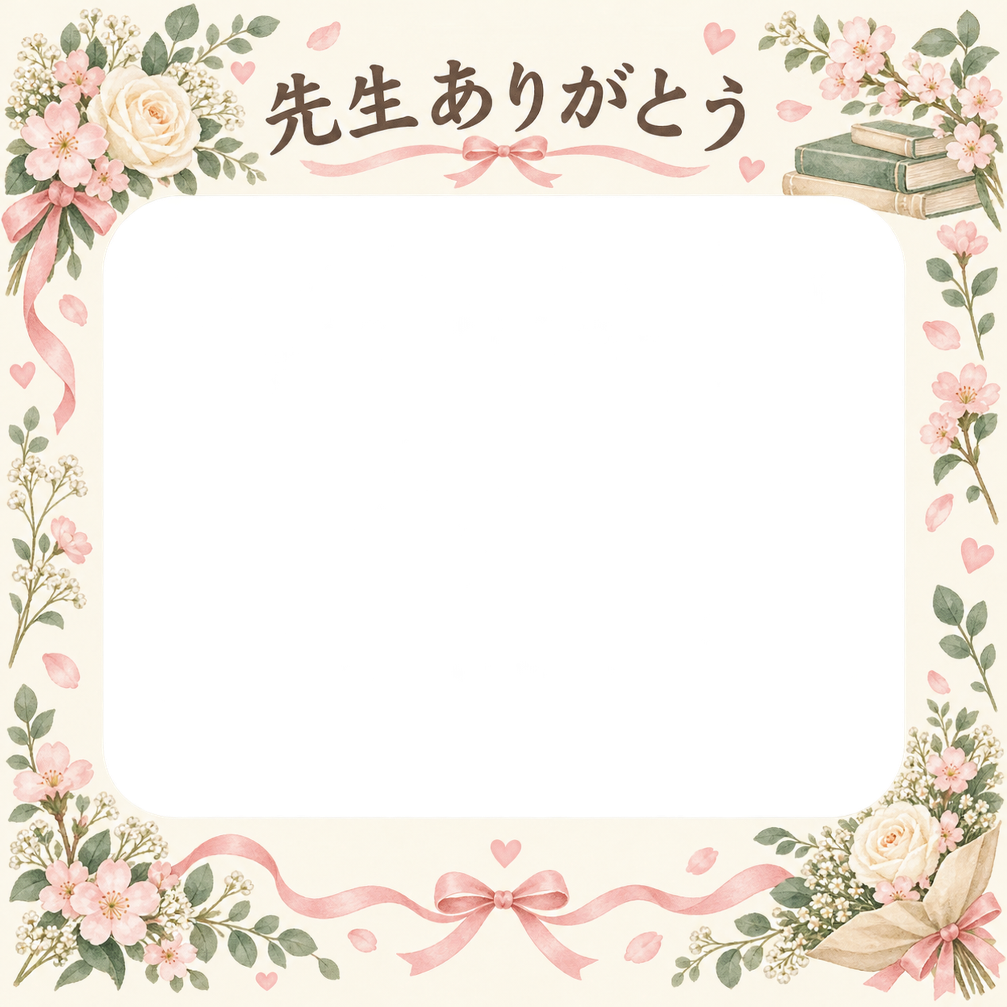 花とお祝い飾りの先生へありがとう写真フレーム｜花束とリボン・無料イラスト 100831に写真・文字を入れる
