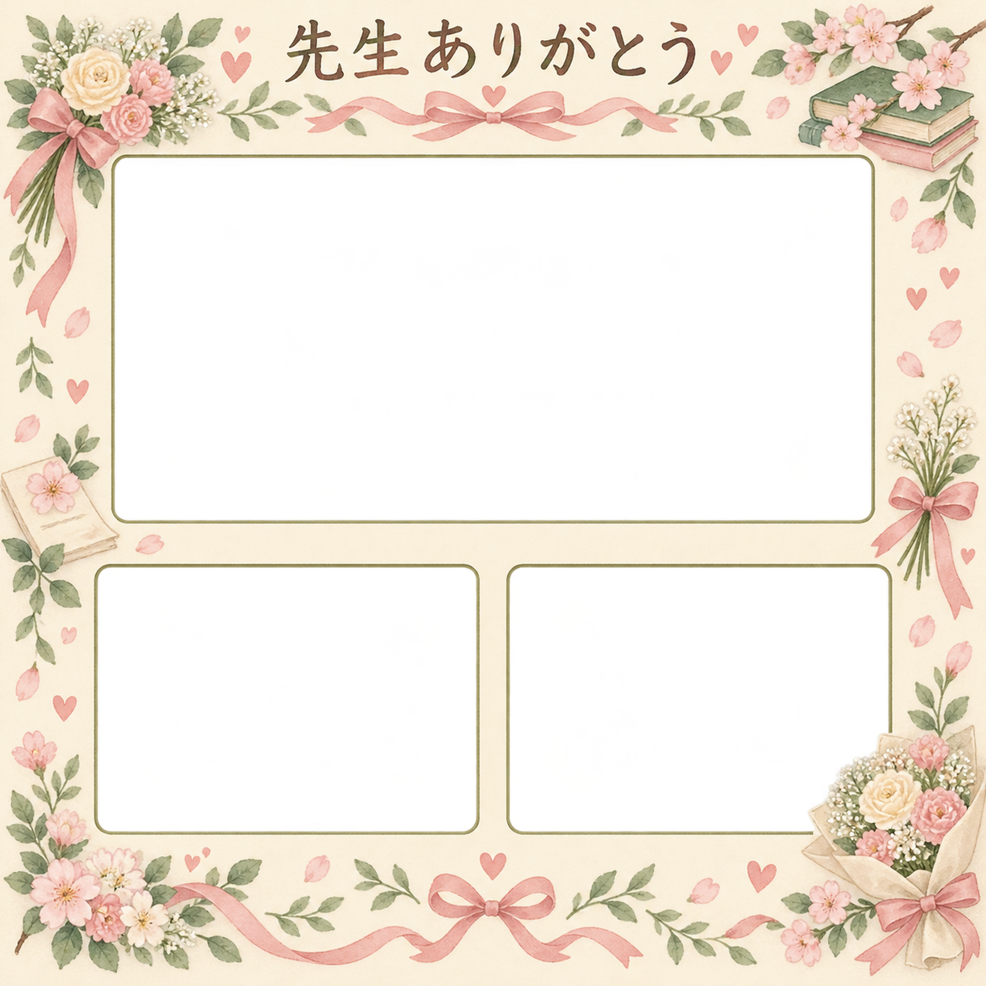 みんなの思い出の先生へありがとう写真フレーム｜花束とリボン・無料イラスト 100832に写真・文字を入れる