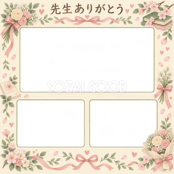 みんなの思い出の先生へありがとう写真フレーム｜花束とリボン・無料イラスト 100832