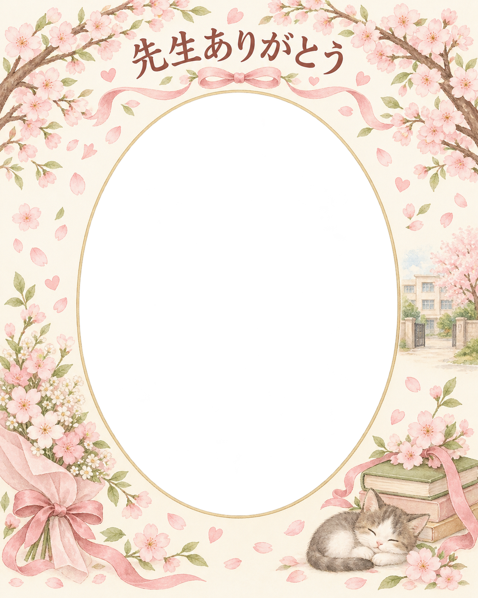 桜のアーチの先生へありがとう写真フレーム｜花束とリボン・無料イラスト 100833に写真・文字を入れる