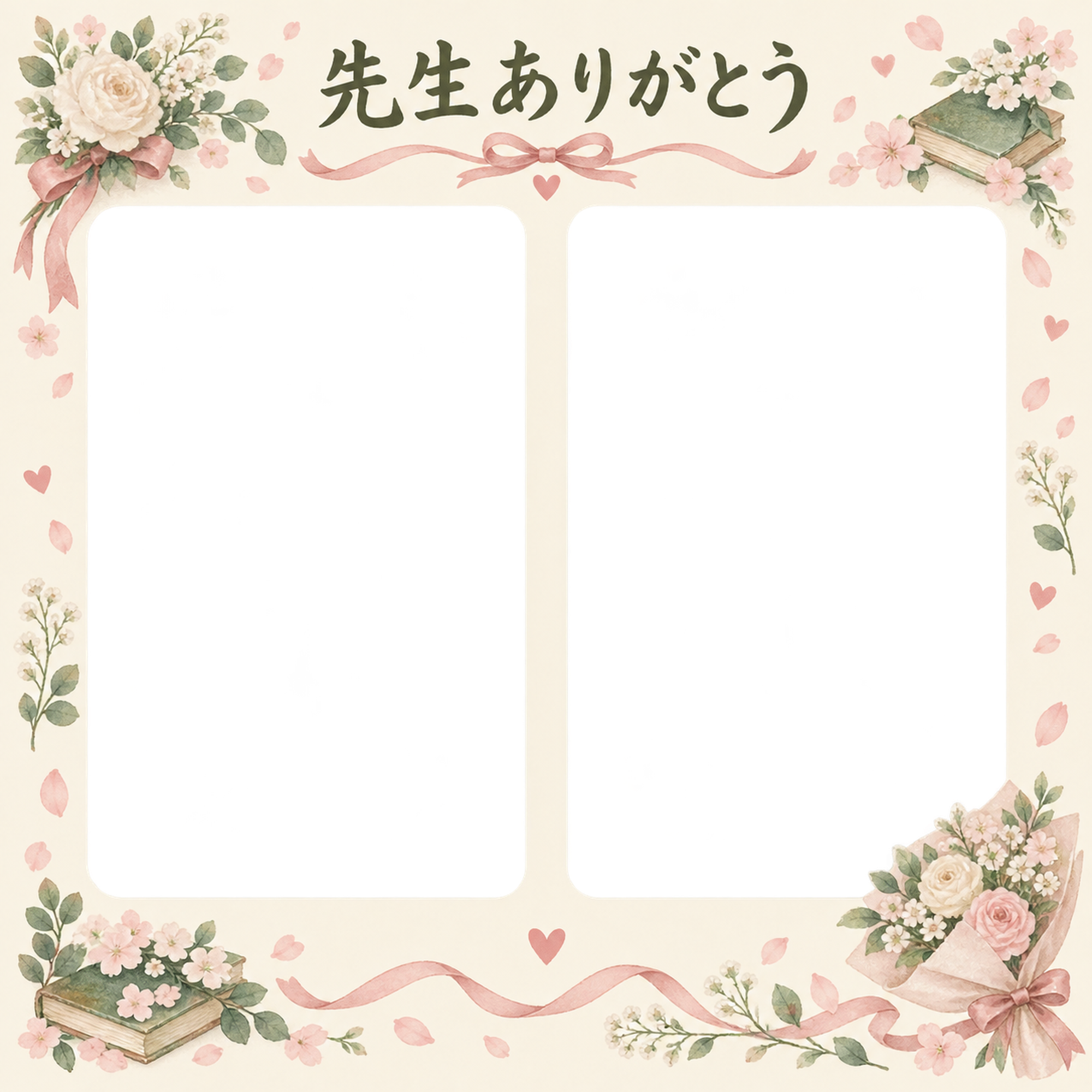 並んだ記念写真の先生へありがとう写真フレーム｜花束とリボン・無料イラスト 100835に写真・文字を入れる