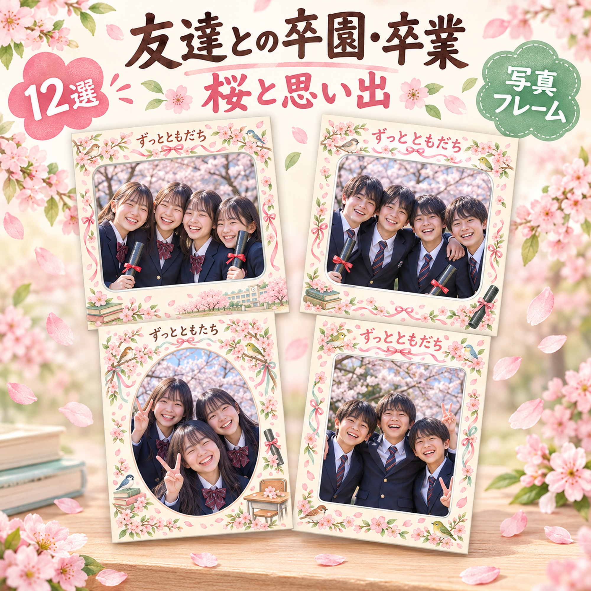 友達との卒園・卒業写真フレーム12選｜桜と思い出の無料イラスト素材 100837に写真・文字を入れる