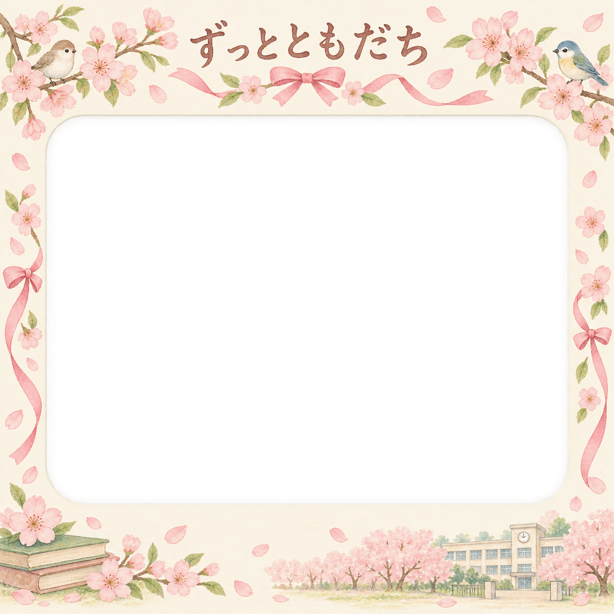 桜とリボンの友達との卒園・卒業写真フレーム｜桜と思い出・無料イラスト 100838に写真・文字を入れる