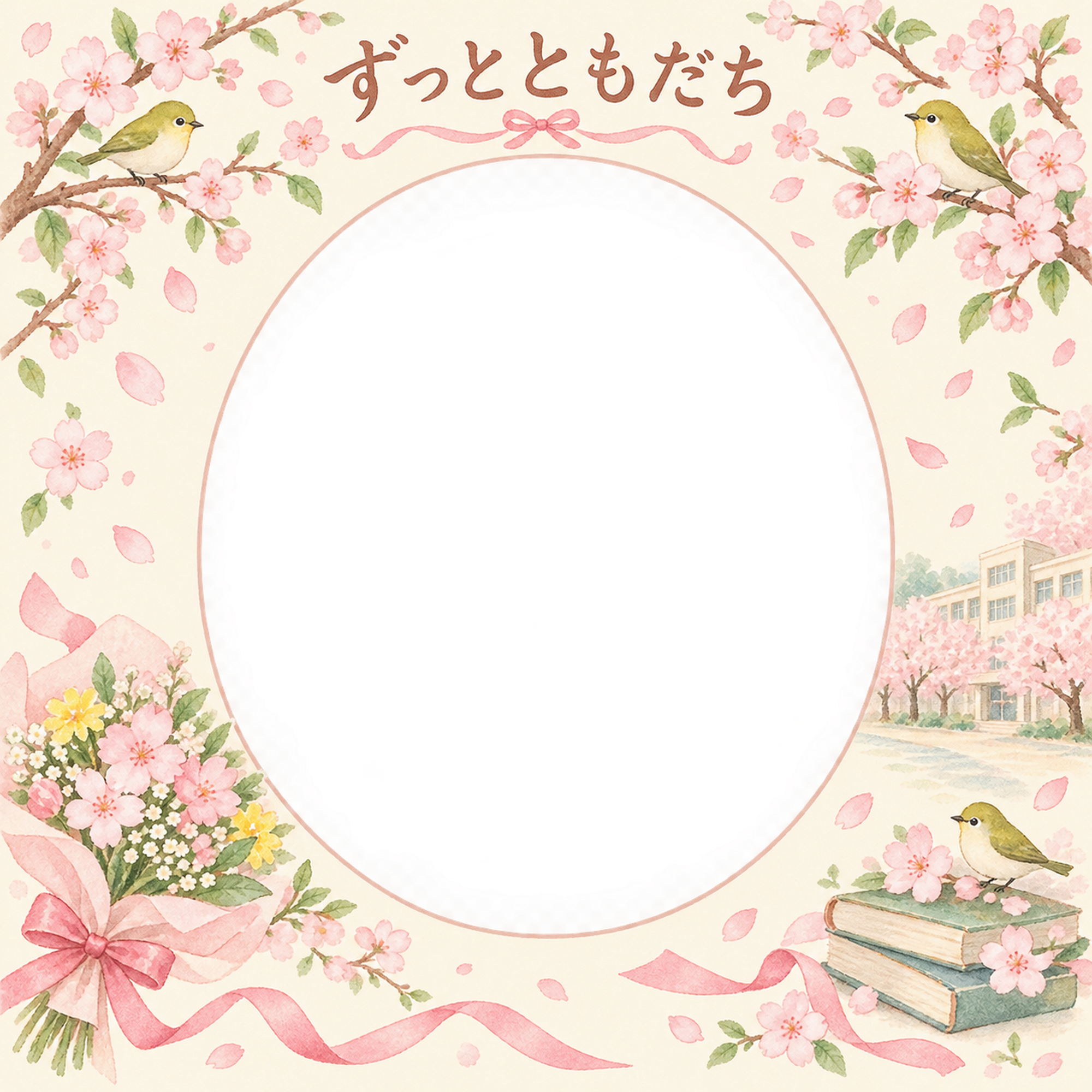 贈る花束の友達との卒園・卒業写真フレーム｜桜と思い出・無料イラスト 100840に写真・文字を入れる