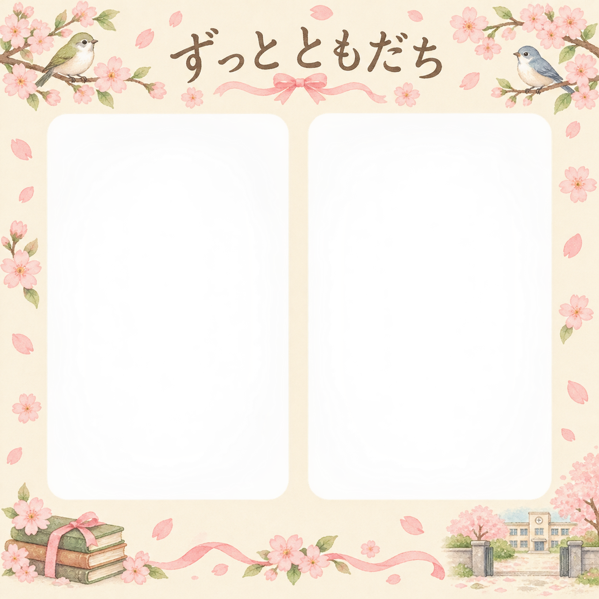 ふたつの思い出の友達との卒園・卒業写真フレーム｜桜と思い出・無料イラスト 100842に写真・文字を入れる