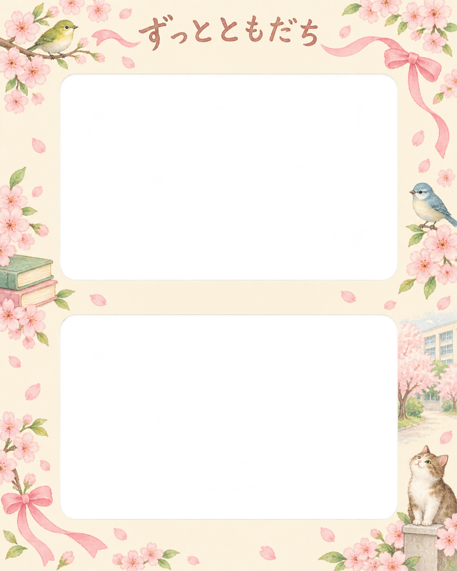 縦に並ぶ記念写真の友達との卒園・卒業写真フレーム｜桜と思い出・無料イラスト 100843に写真・文字を入れる