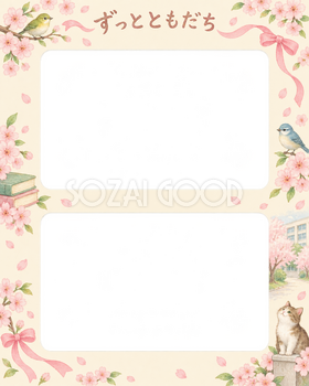 縦に並ぶ記念写真の友達との卒園・卒業写真フレーム｜桜と思い出・無料イラスト 100843