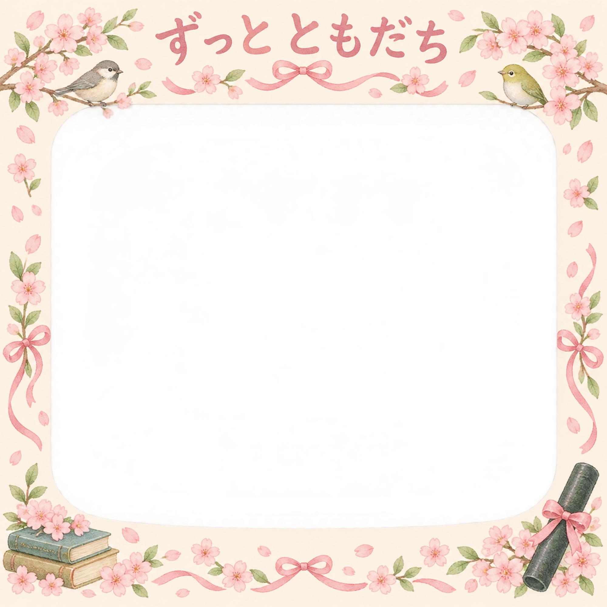 花とお祝い飾りの友達との卒園・卒業写真フレーム｜桜と思い出・無料イラスト 100844に写真・文字を入れる