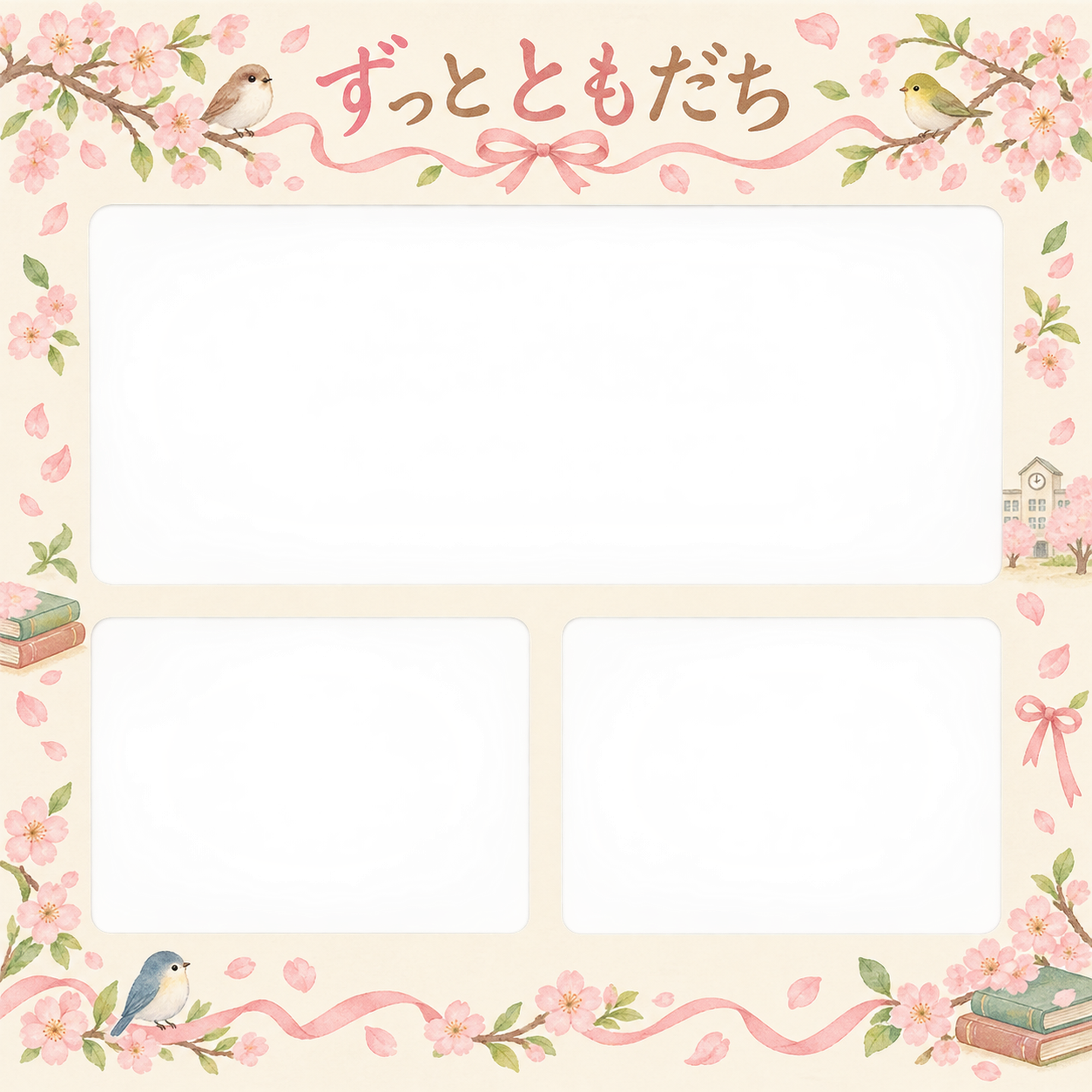 みんなの思い出の友達との卒園・卒業写真フレーム｜桜と思い出・無料イラスト 100845に写真・文字を入れる