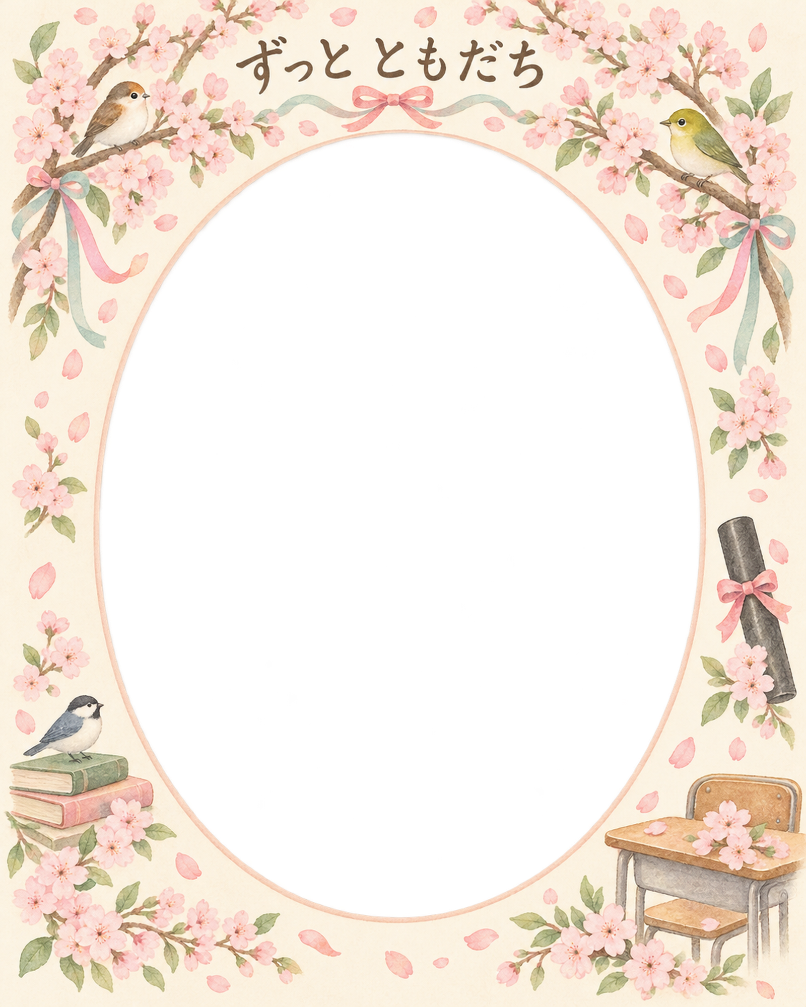 桜のアーチの友達との卒園・卒業写真フレーム｜桜と思い出・無料イラスト 100846に写真・文字を入れる
