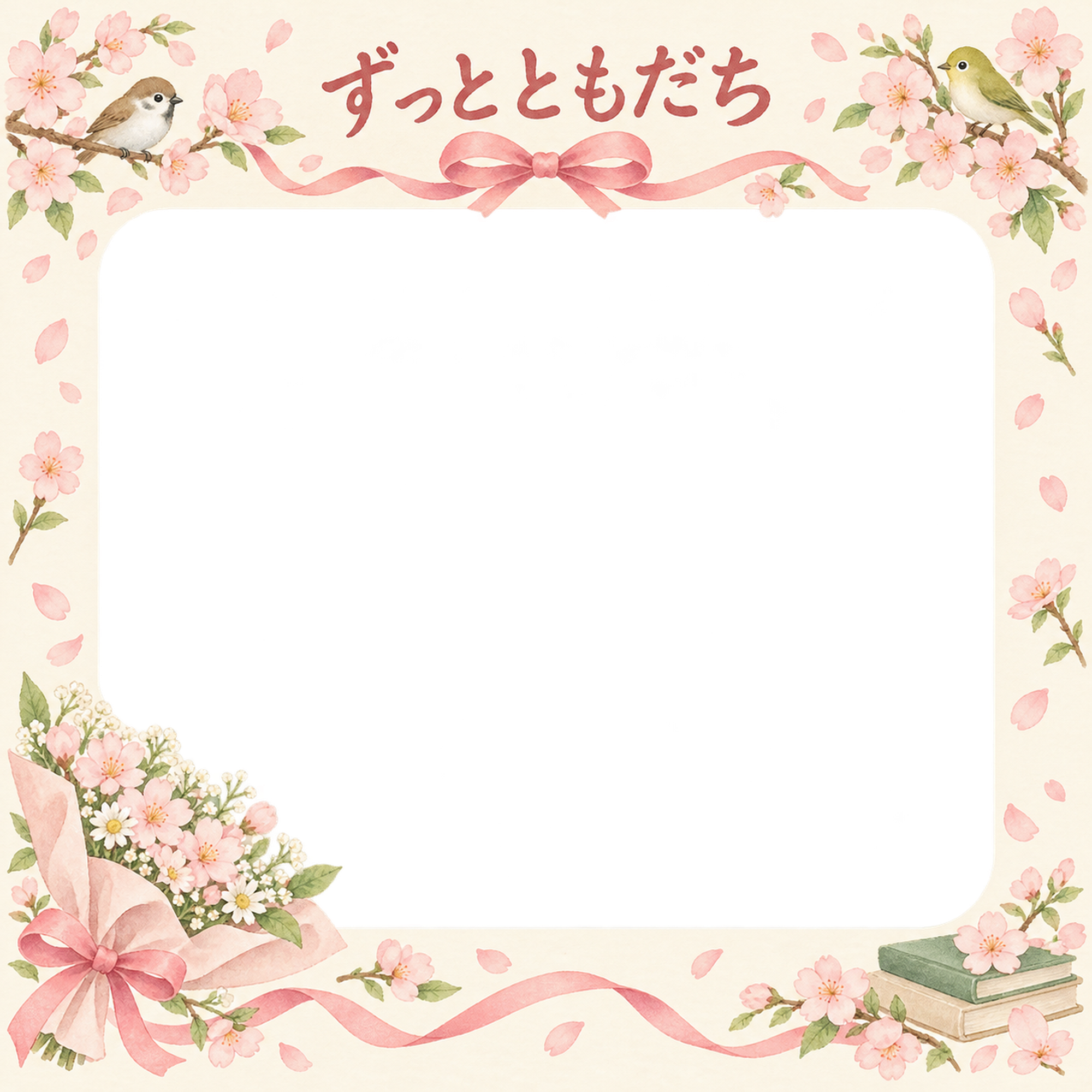花束とリボンの友達との卒園・卒業写真フレーム｜桜と思い出・無料イラスト 100847に写真・文字を入れる
