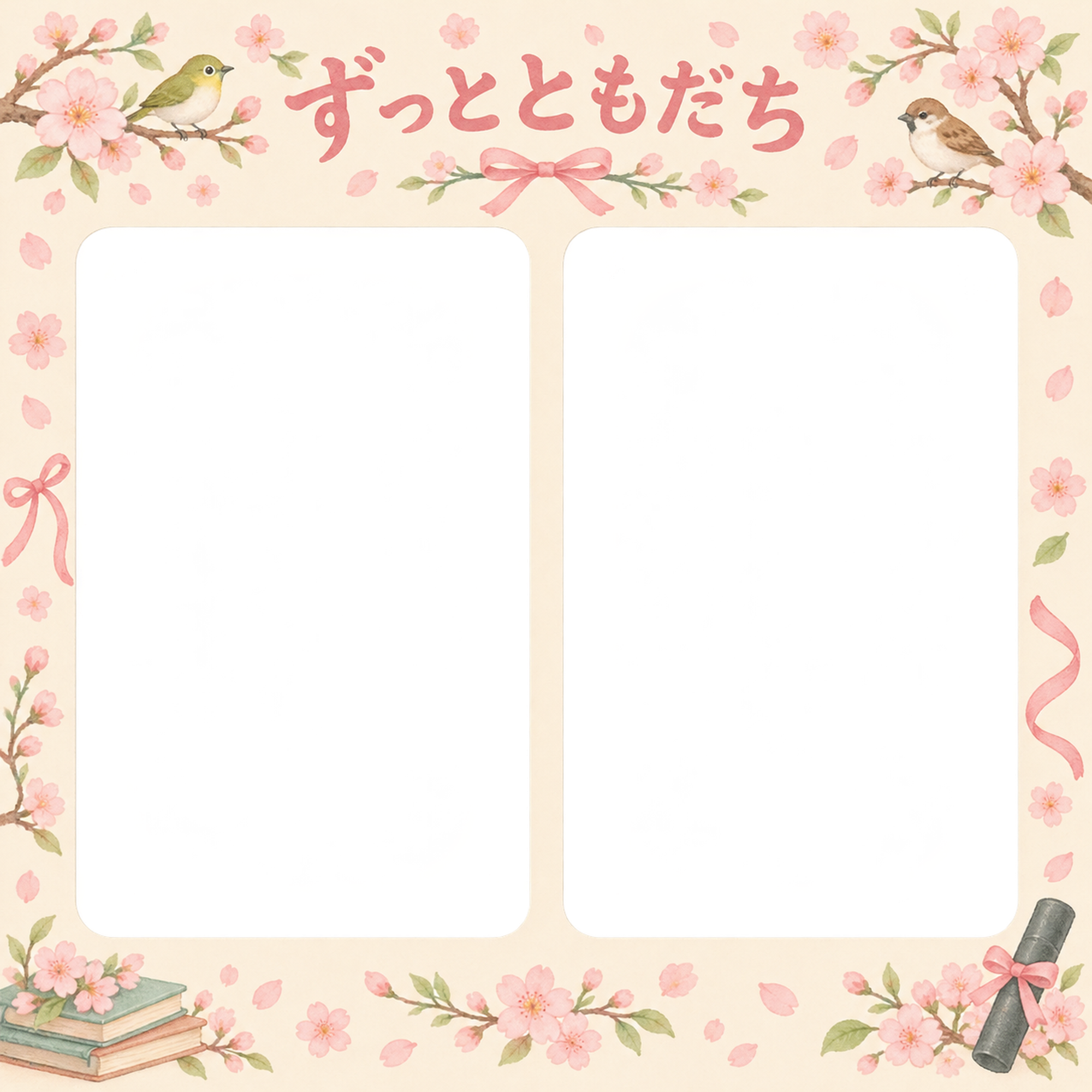 並んだ記念写真の友達との卒園・卒業写真フレーム｜桜と思い出・無料イラスト 100848に写真・文字を入れる
