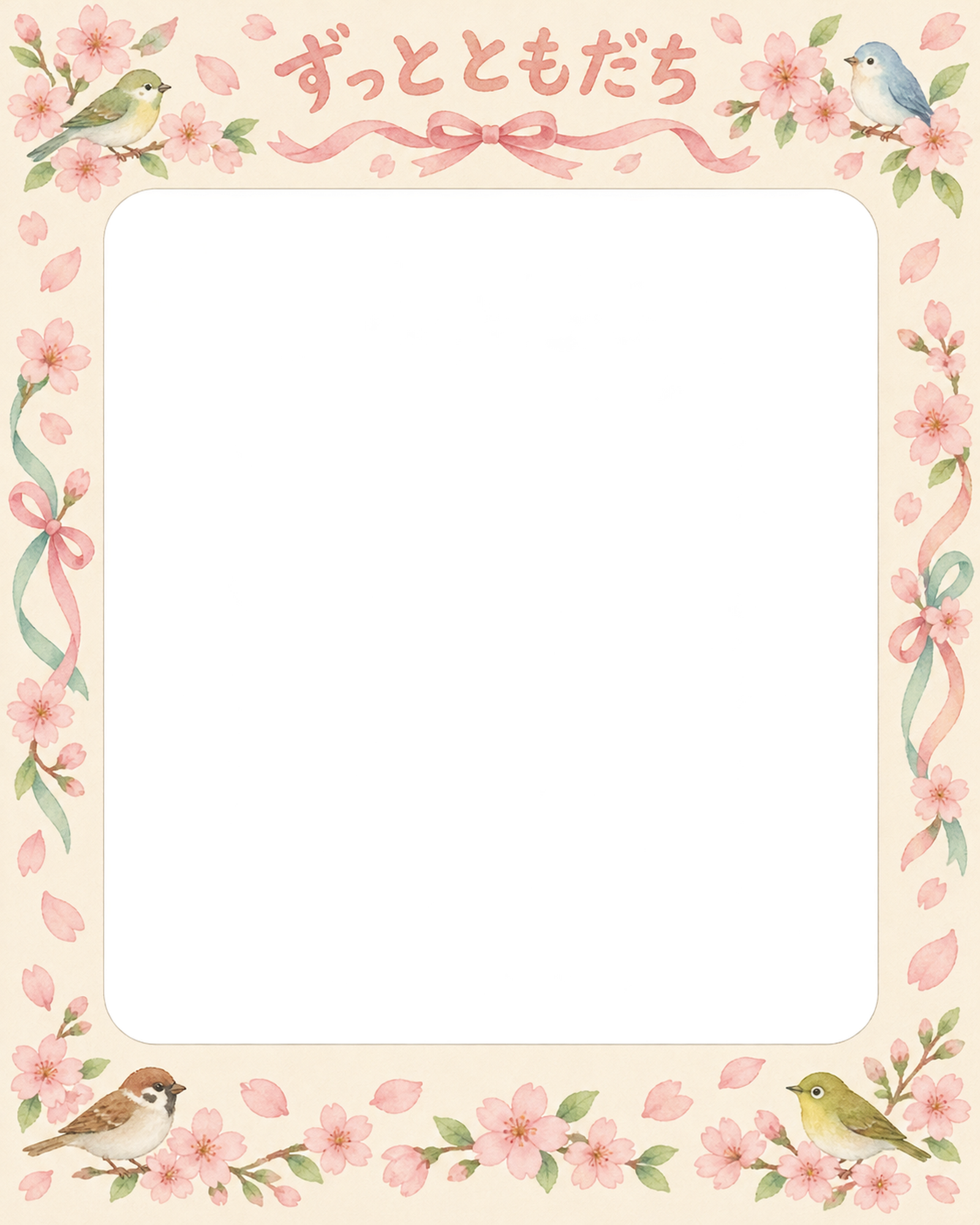 春の花輪の友達との卒園・卒業写真フレーム｜桜と思い出・無料イラスト 100849に写真・文字を入れる